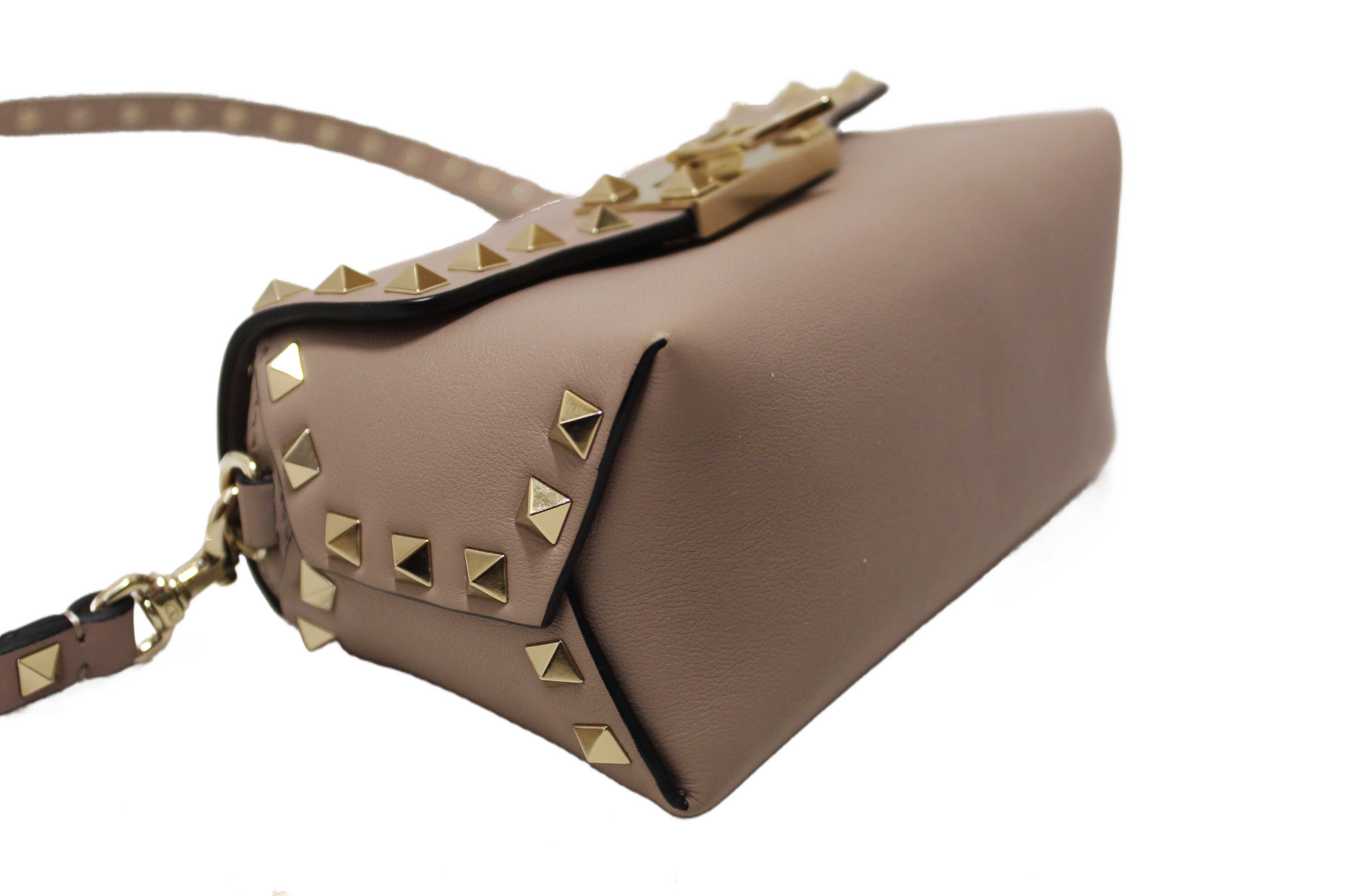 Authentic Valentino Garavani Beige Vitello Mini Rockstud Flap Saddle Crossbody Bag