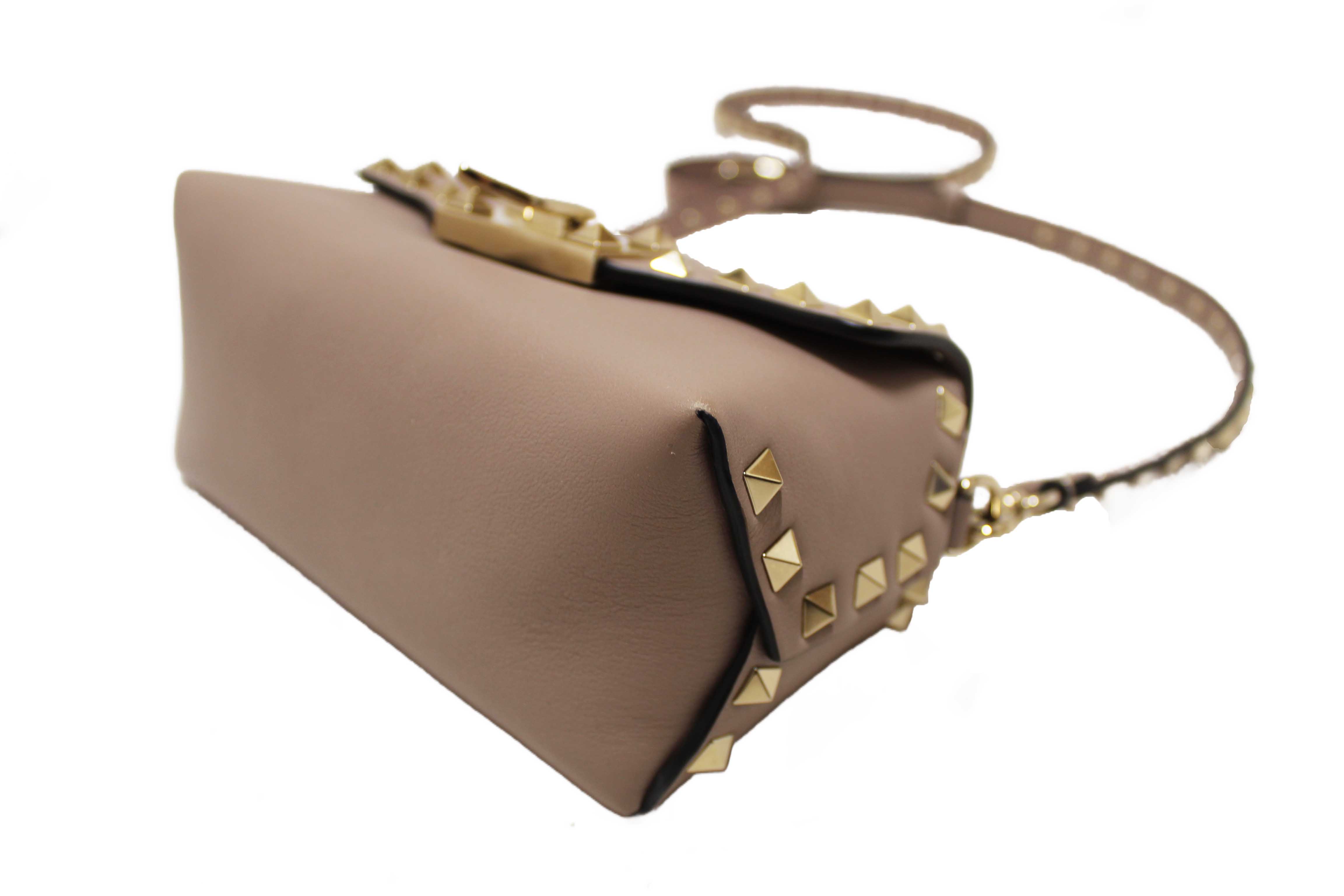 Authentic Valentino Garavani Beige Vitello Mini Rockstud Flap Saddle Crossbody Bag