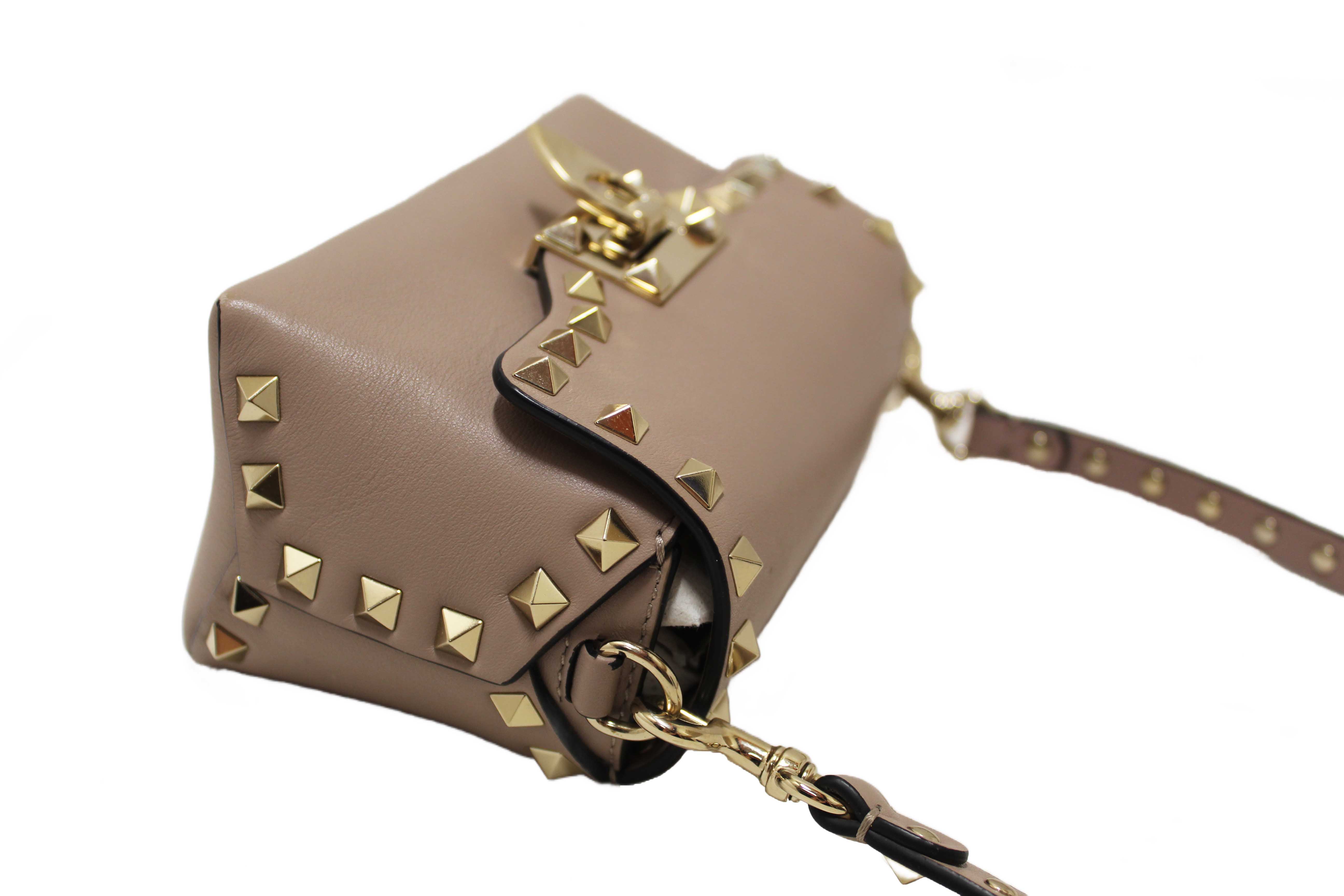 Authentic Valentino Garavani Beige Vitello Mini Rockstud Flap Saddle Crossbody Bag