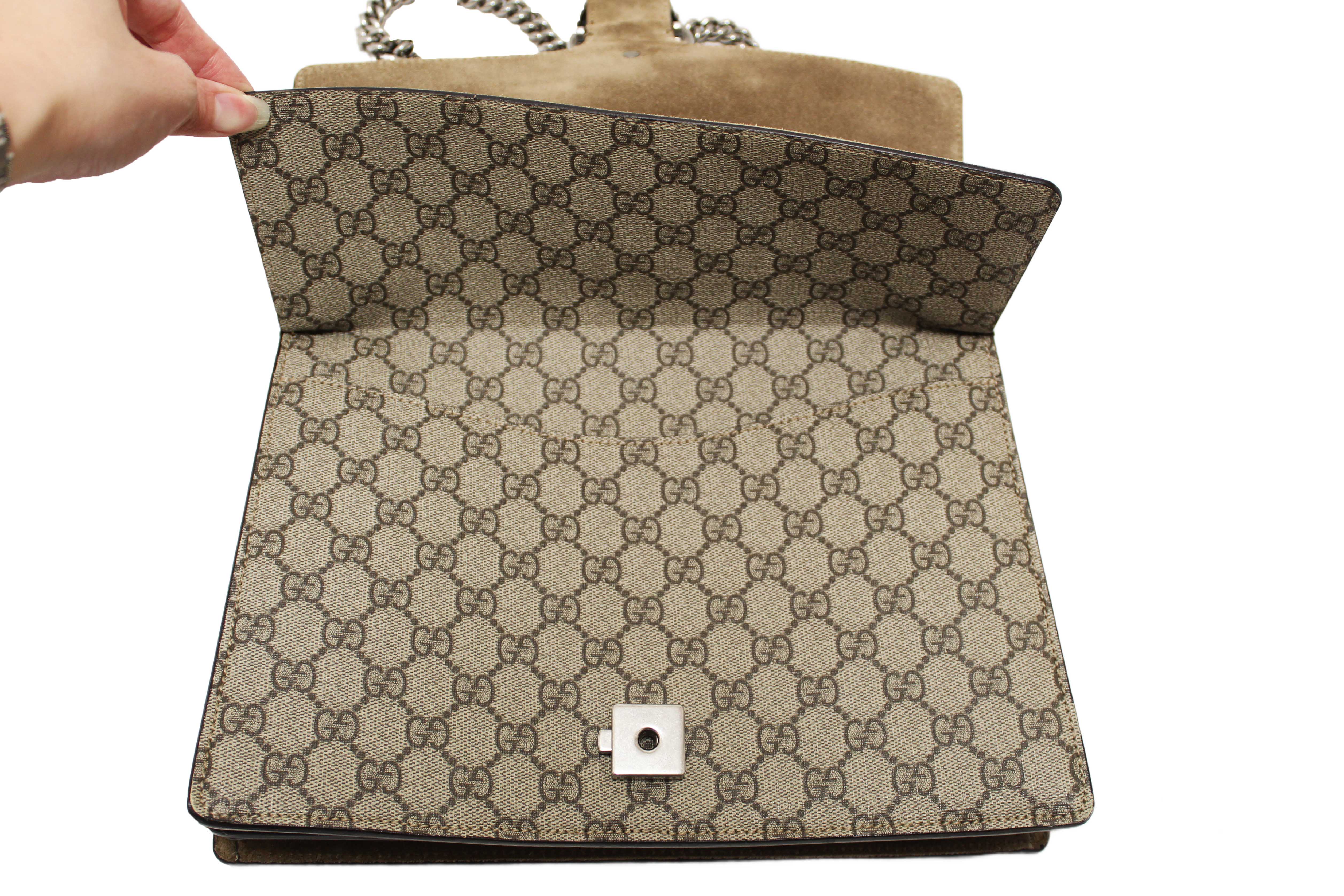 Authentic Gucci GG Supreme with Brown Suede Dionysus Medium Shoulder Bag 403348