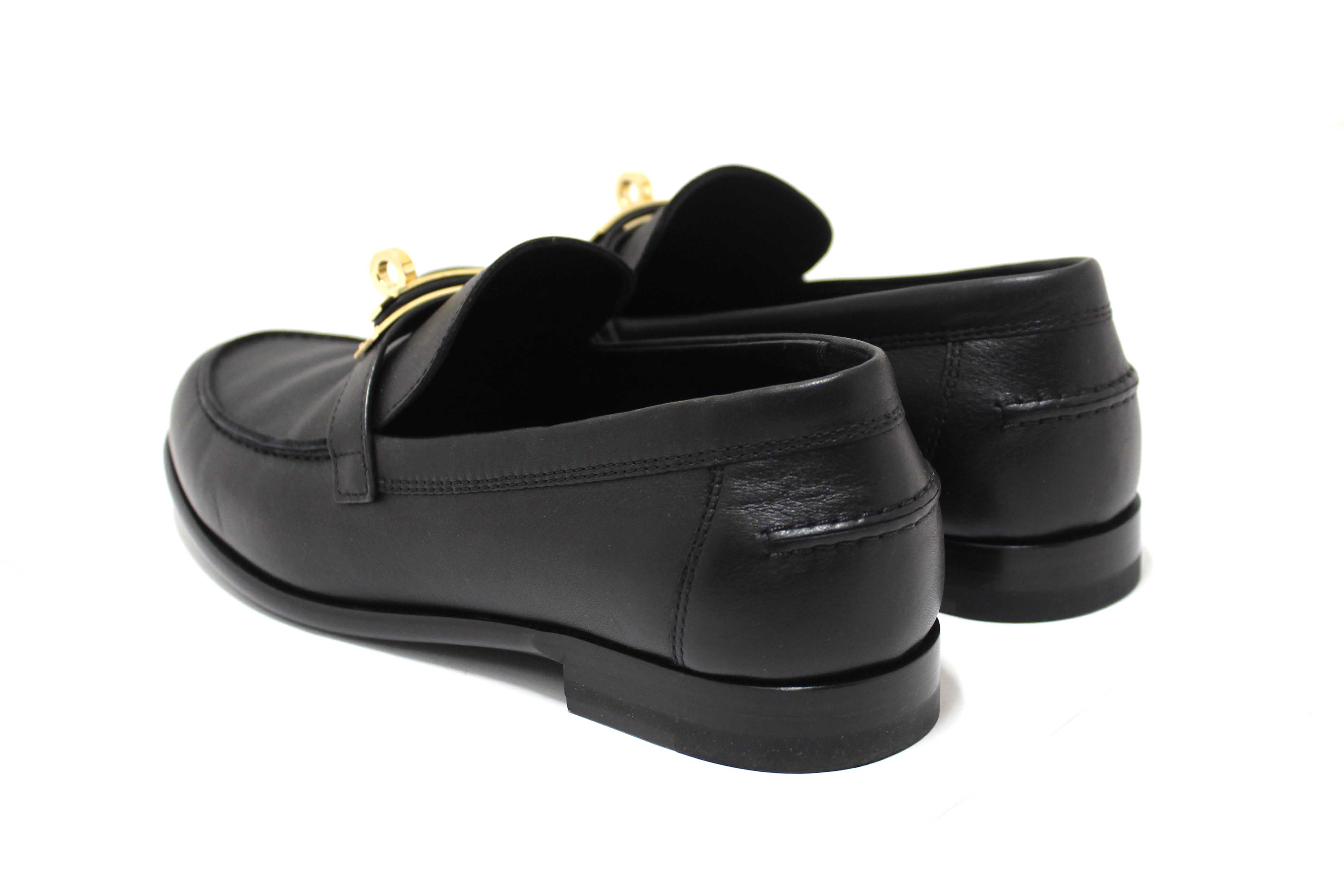 Authentic Hermes Black Calfskin Leather Destin Loafer Shoes Size 36.5