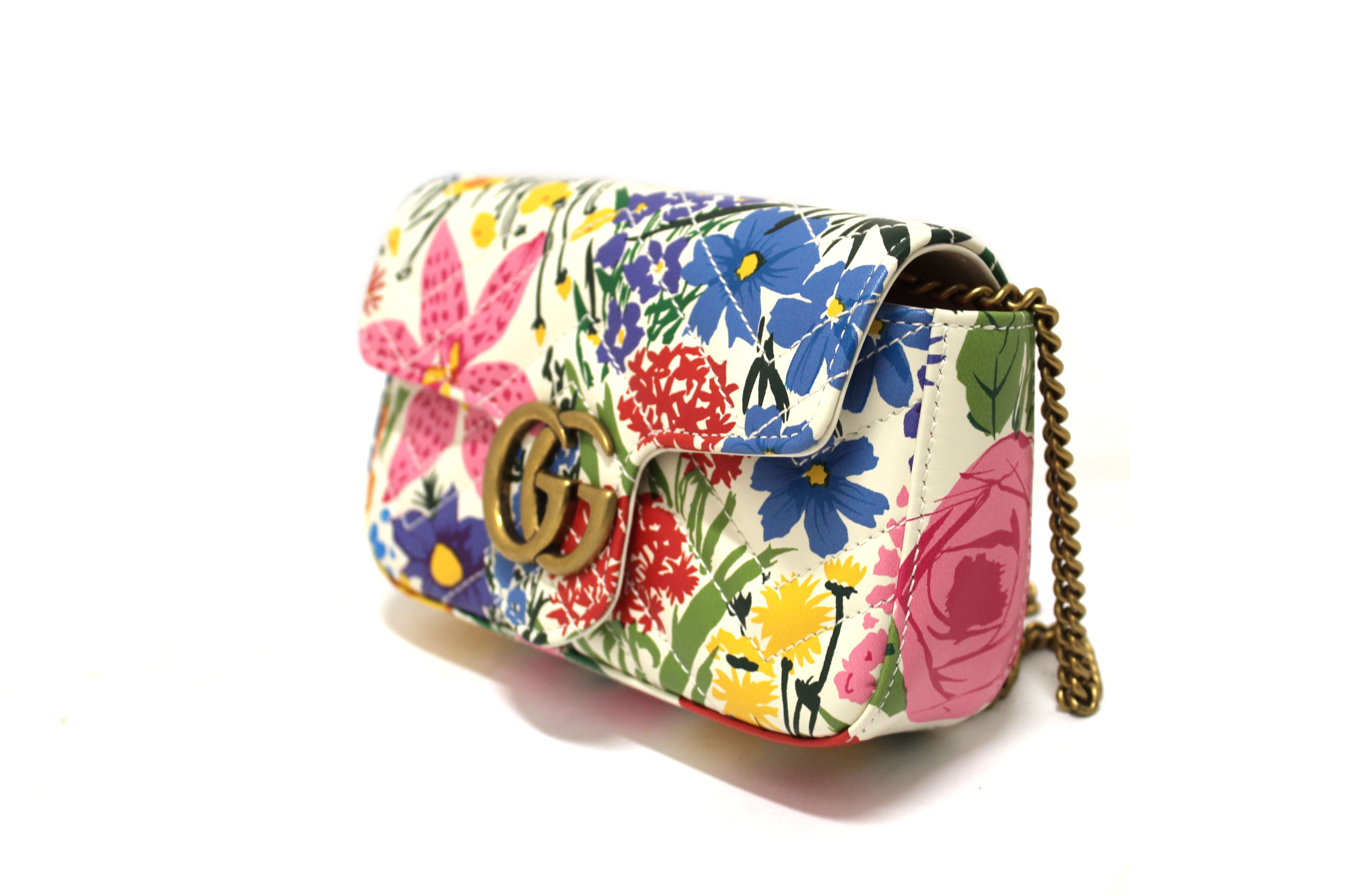 Authentic Gucci Limited Edition Ken Scott White Floral Marmont Matelasse Leather Super Mini Chain Bag 476433