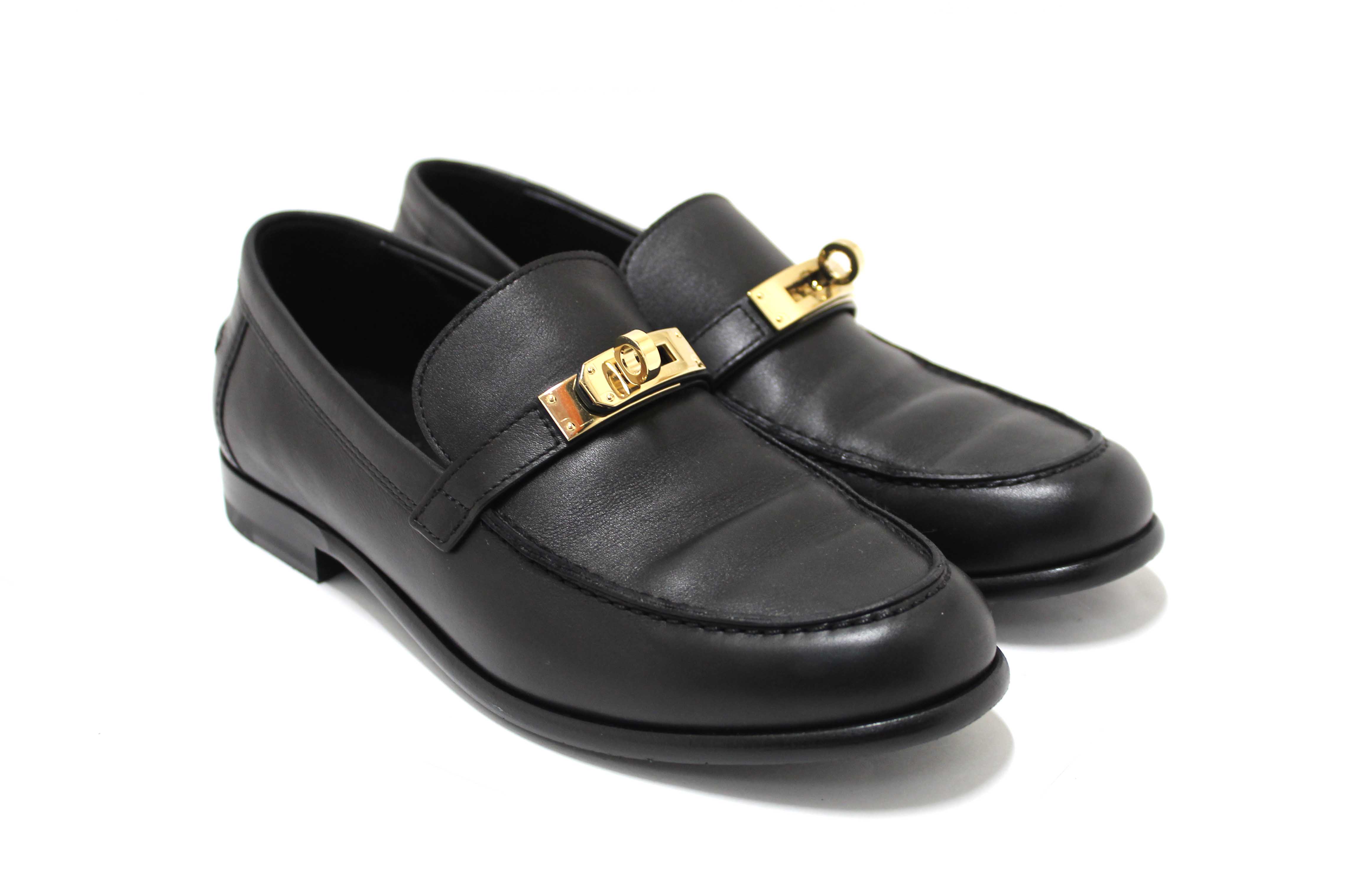 Authentic Hermes Black Calfskin Leather Destin Loafer Shoes Size 36.5