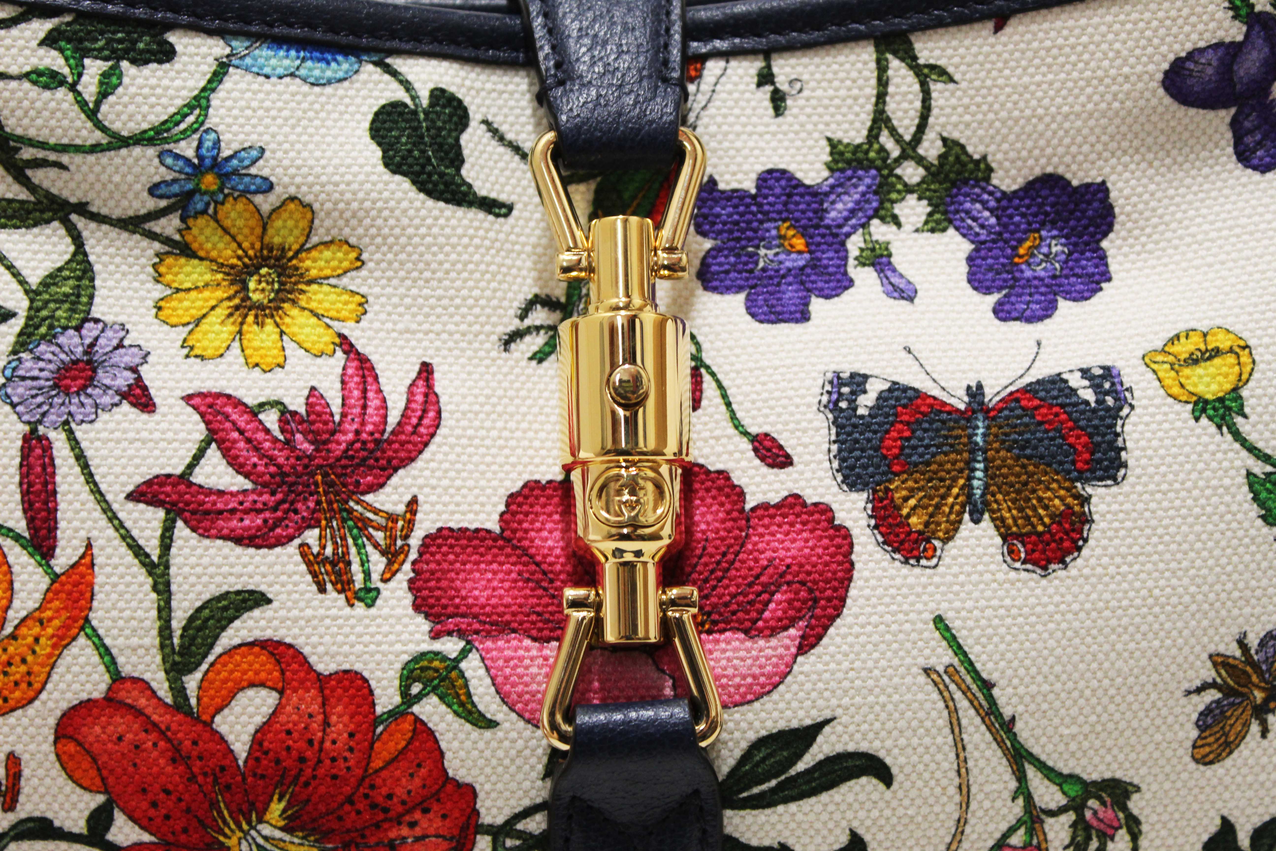 Authentic Gucci Blue Flora Canvas Jackie 1961 Medium Shoulder Bag 550152