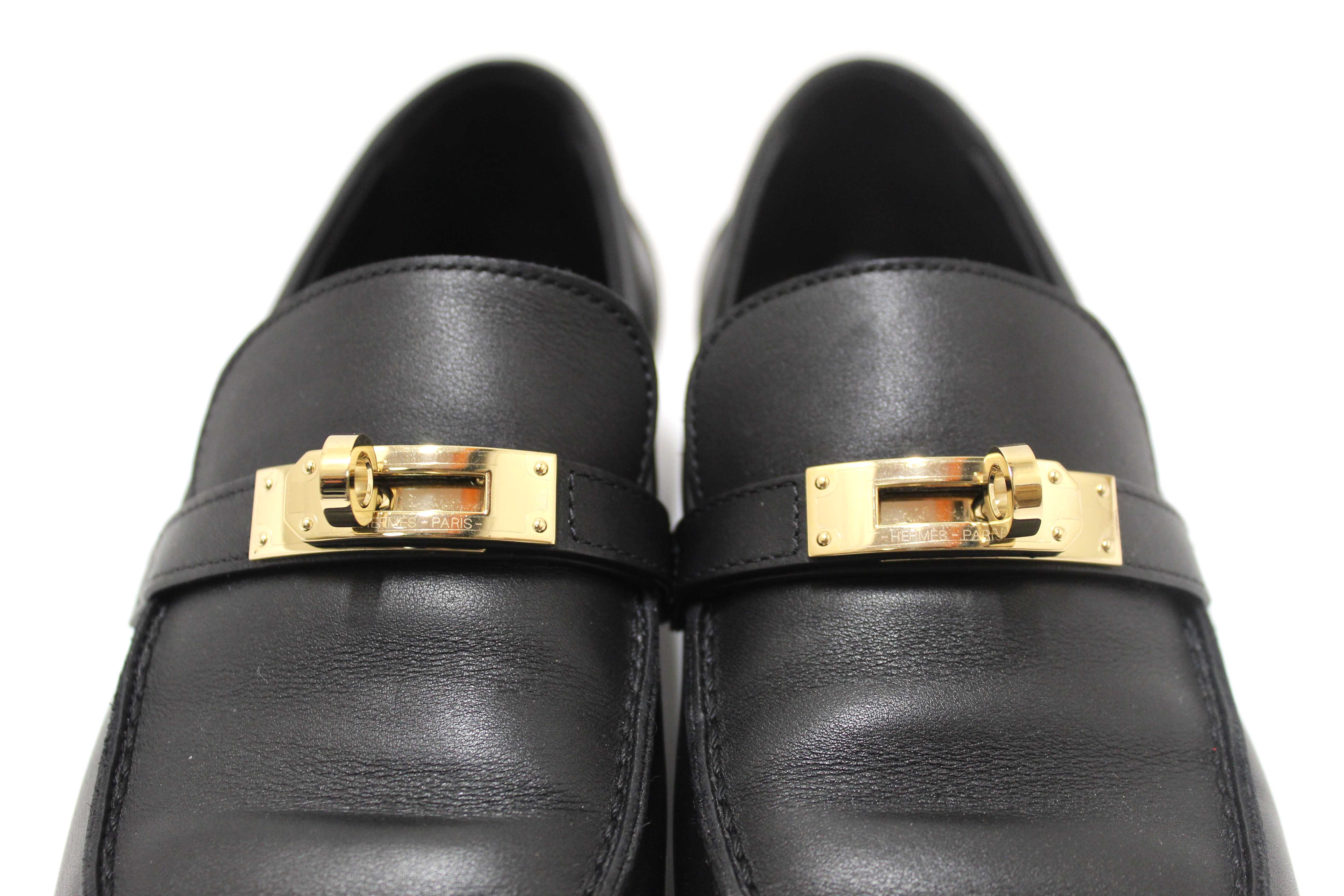 Authentic Hermes Black Calfskin Leather Destin Loafer Shoes Size 36.5