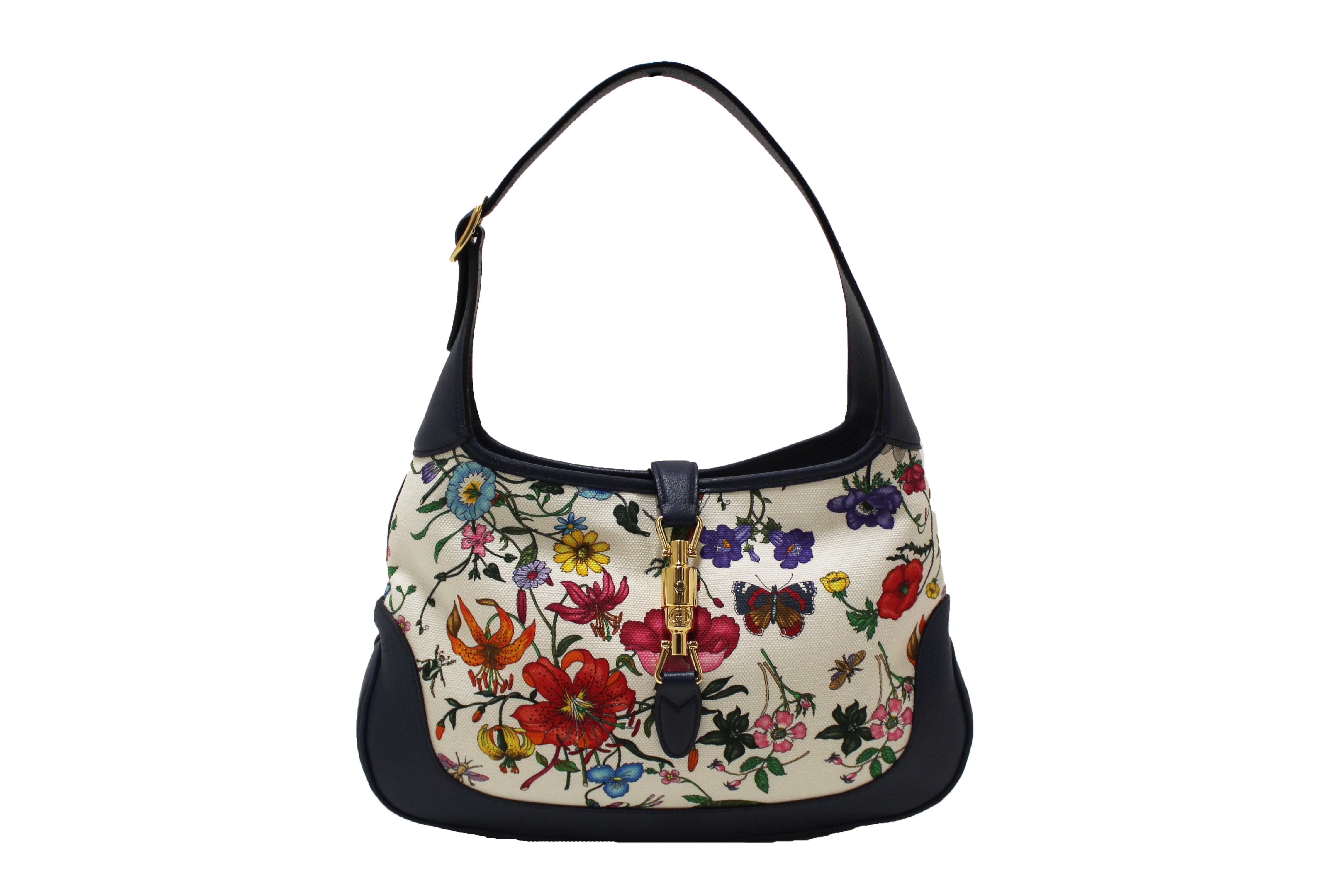 Authentic Gucci Blue Flora Canvas Jackie 1961 Medium Shoulder Bag 550152