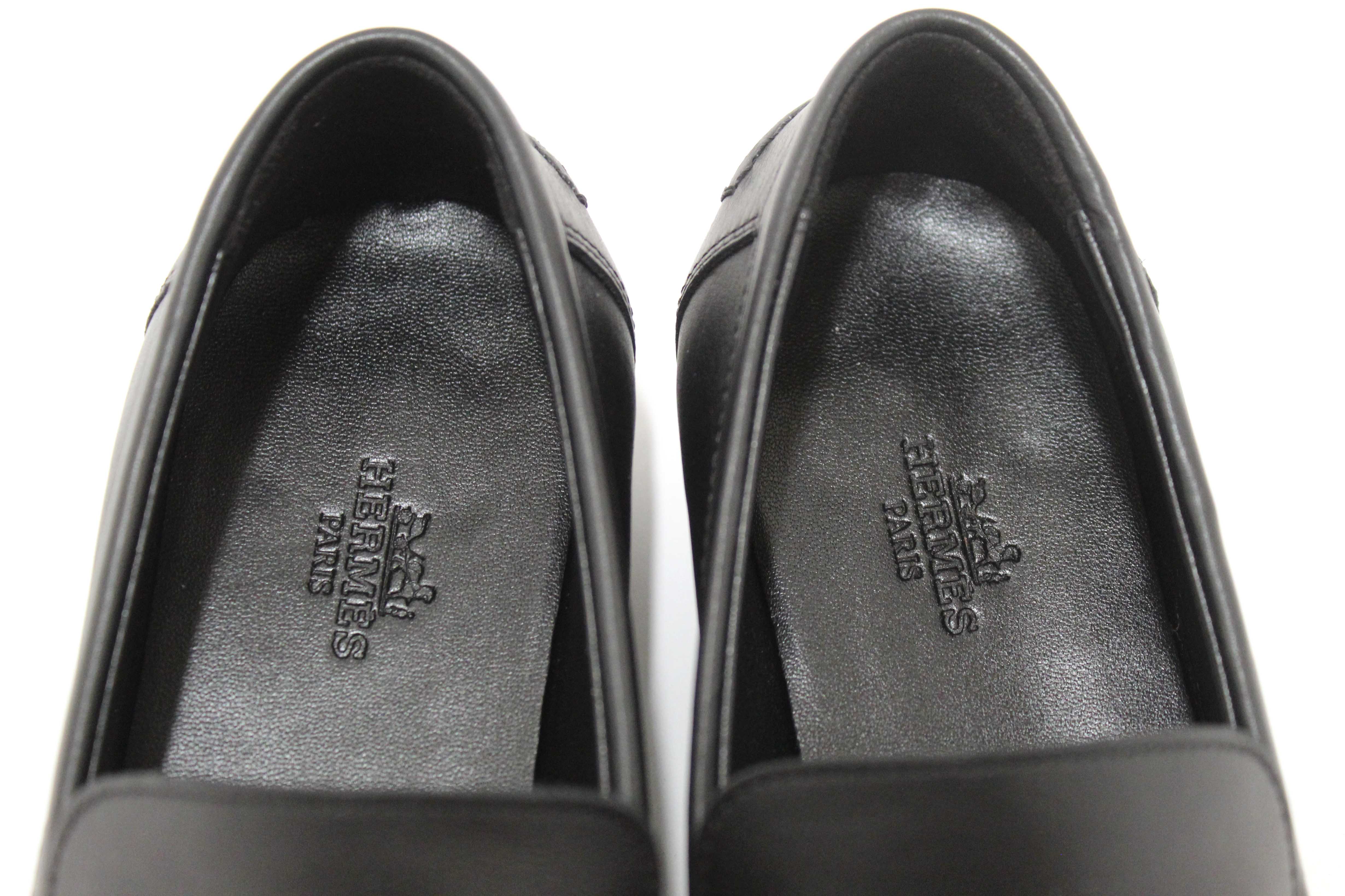 Authentic Hermes Black Calfskin Leather Destin Loafer Shoes Size 36.5