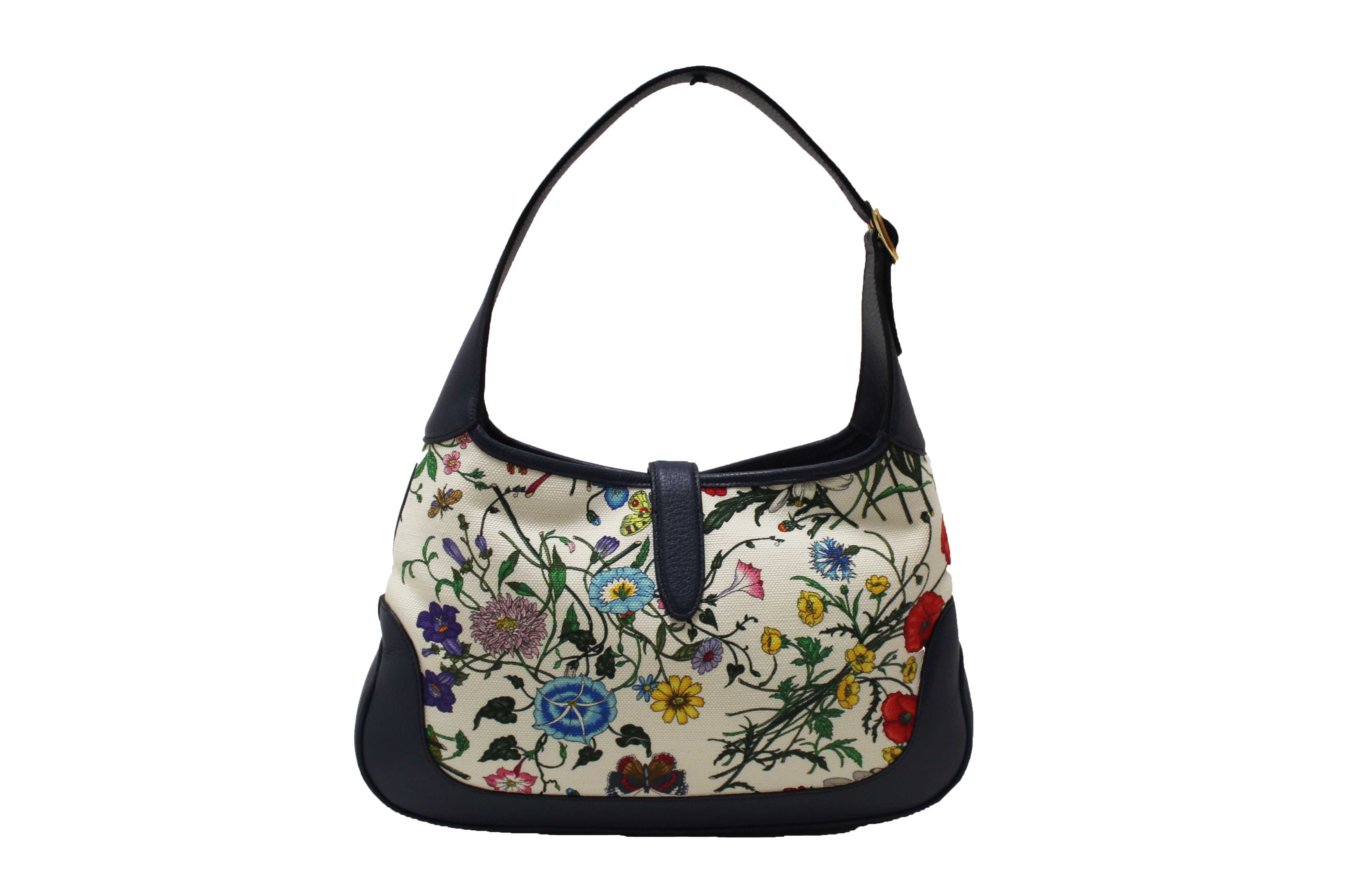 Authentic Gucci Blue Flora Canvas Jackie 1961 Medium Shoulder Bag 550152