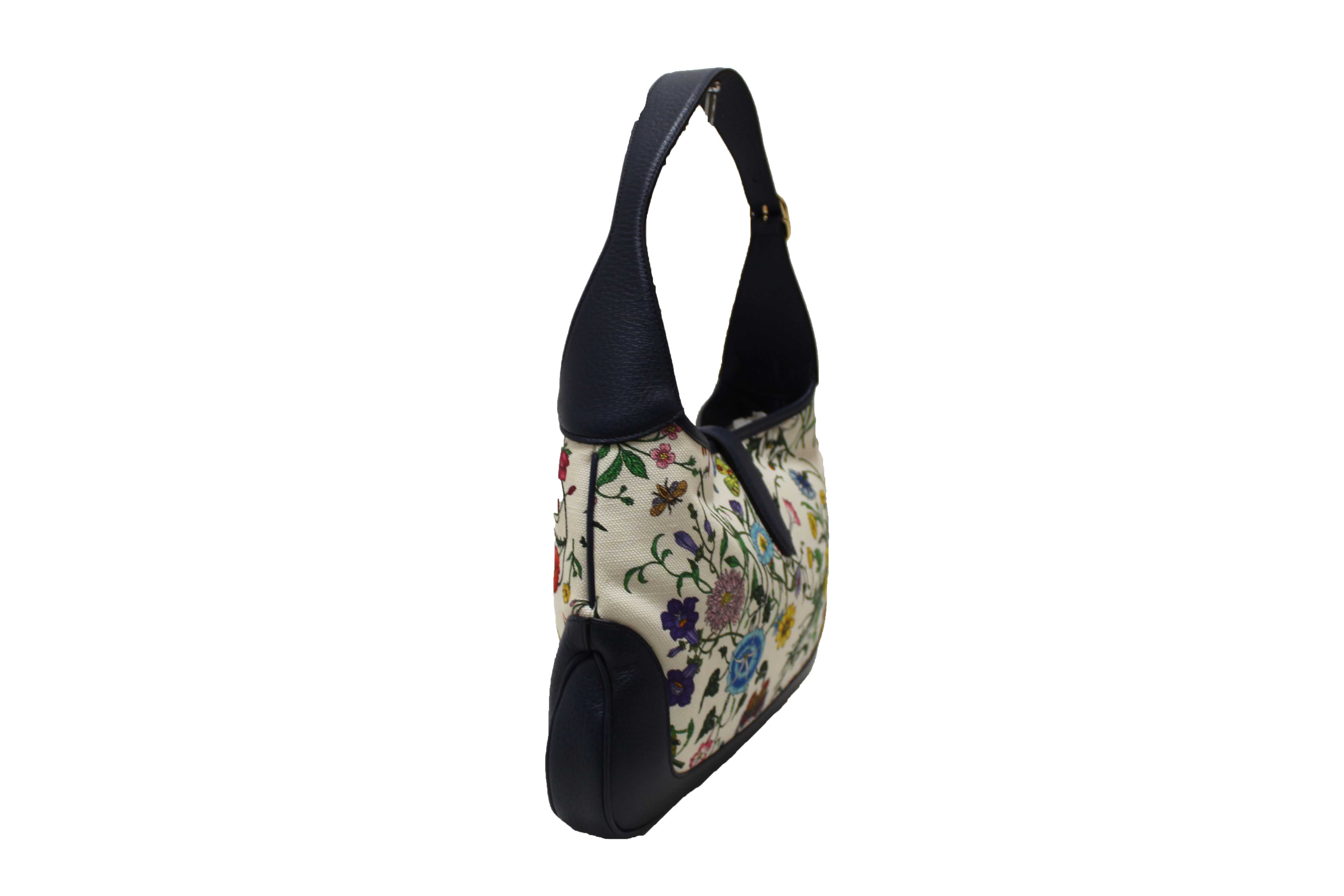 Authentic Gucci Blue Flora Canvas Jackie 1961 Medium Shoulder Bag 550152