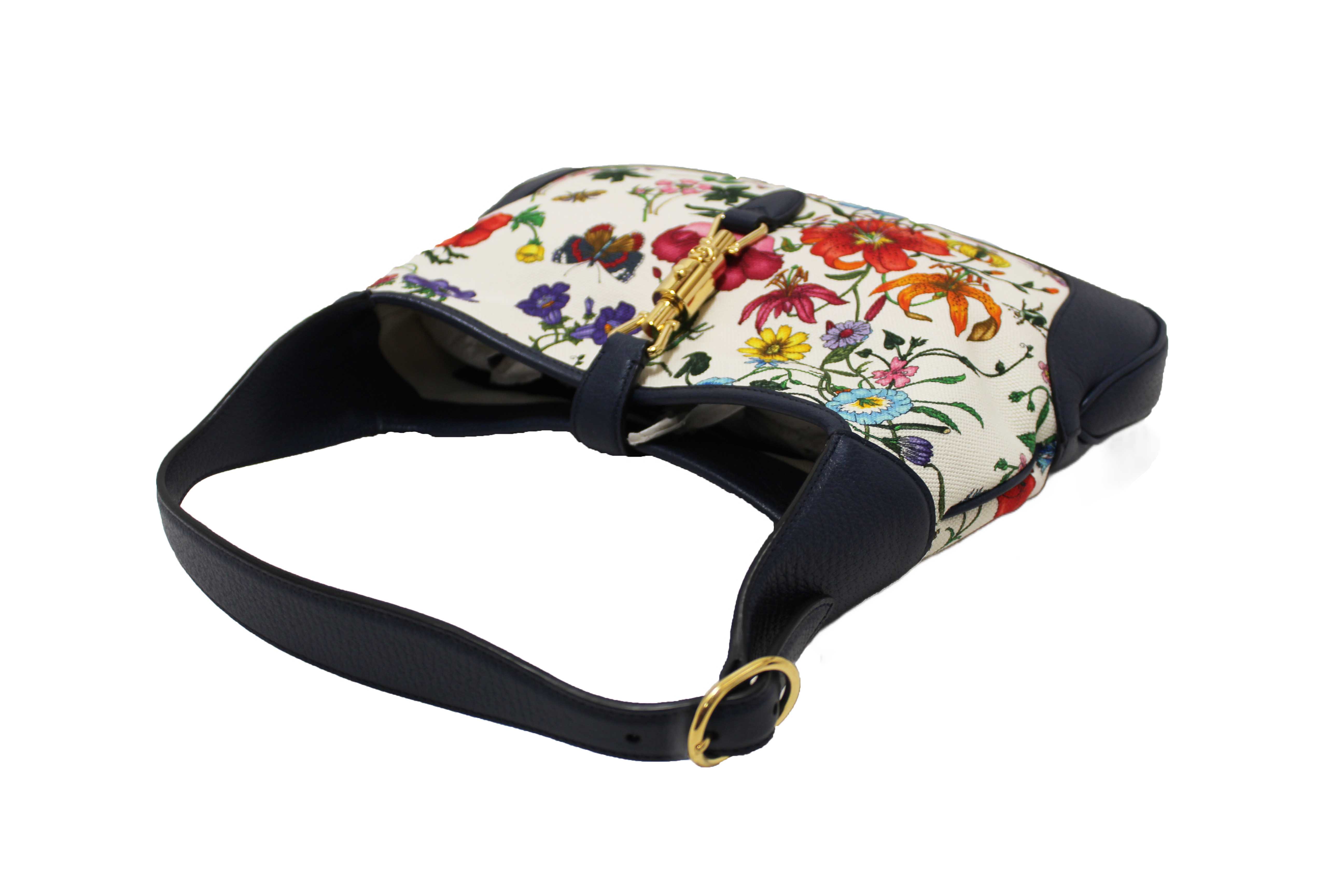 Authentic Gucci Blue Flora Canvas Jackie 1961 Medium Shoulder Bag 550152