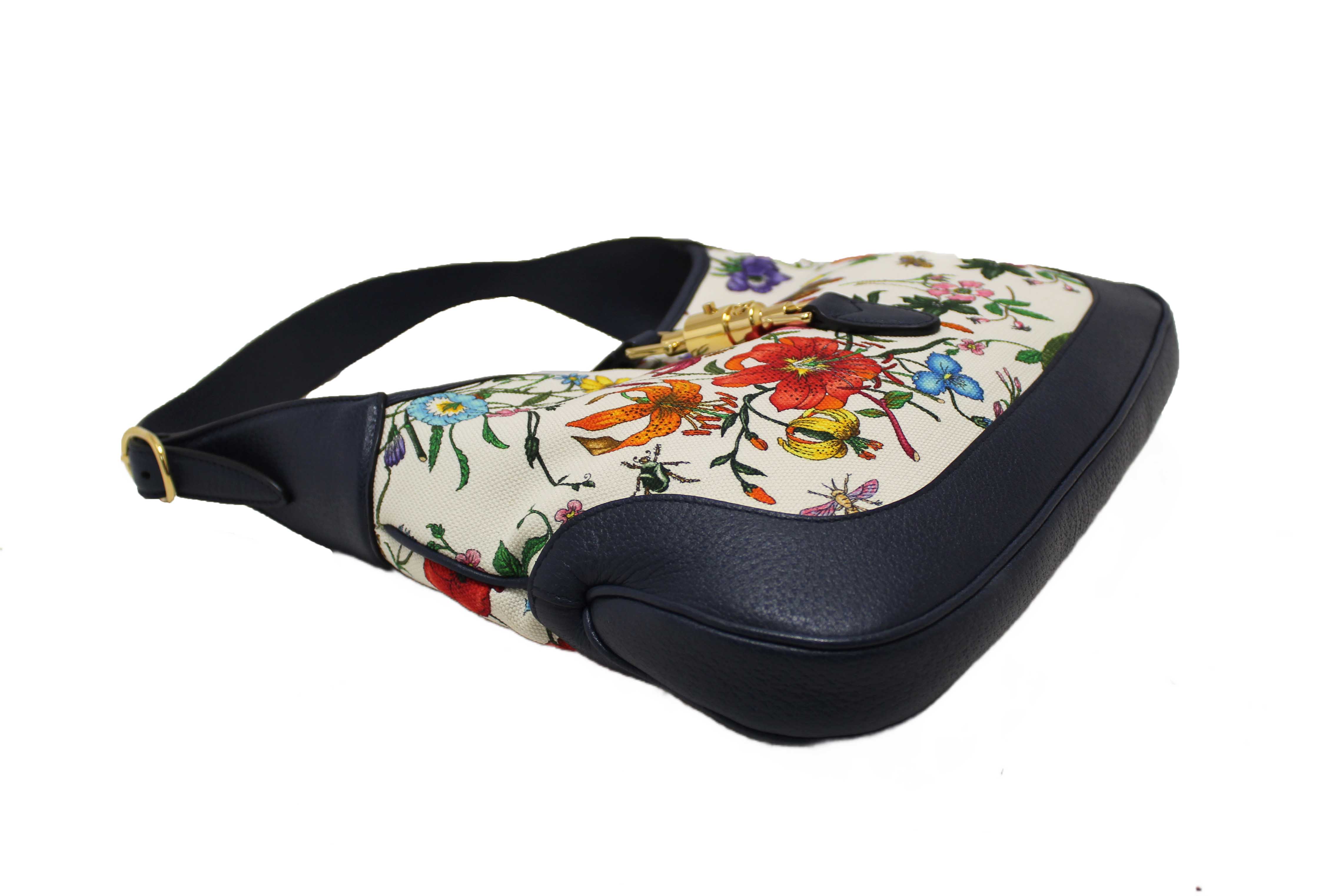 Authentic Gucci Blue Flora Canvas Jackie 1961 Medium Shoulder Bag 550152