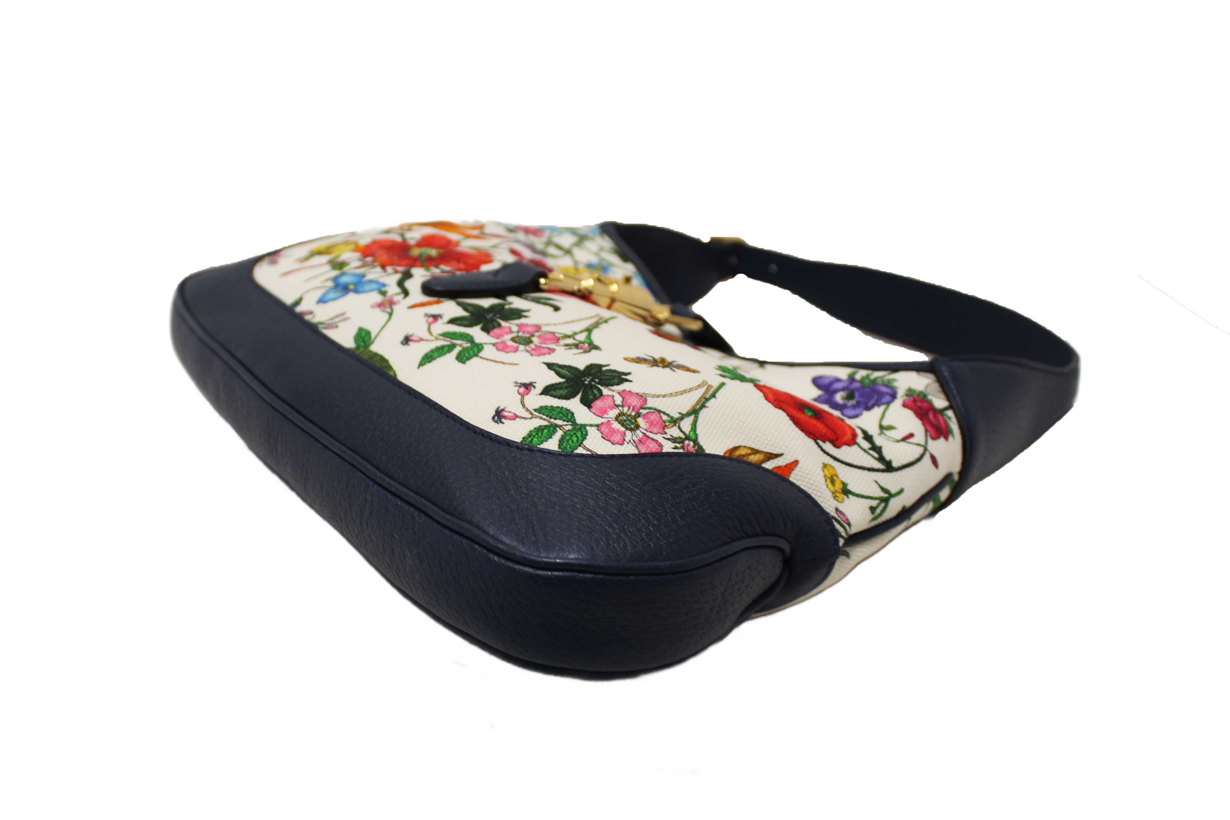 Authentic Gucci Blue Flora Canvas Jackie 1961 Medium Shoulder Bag 550152