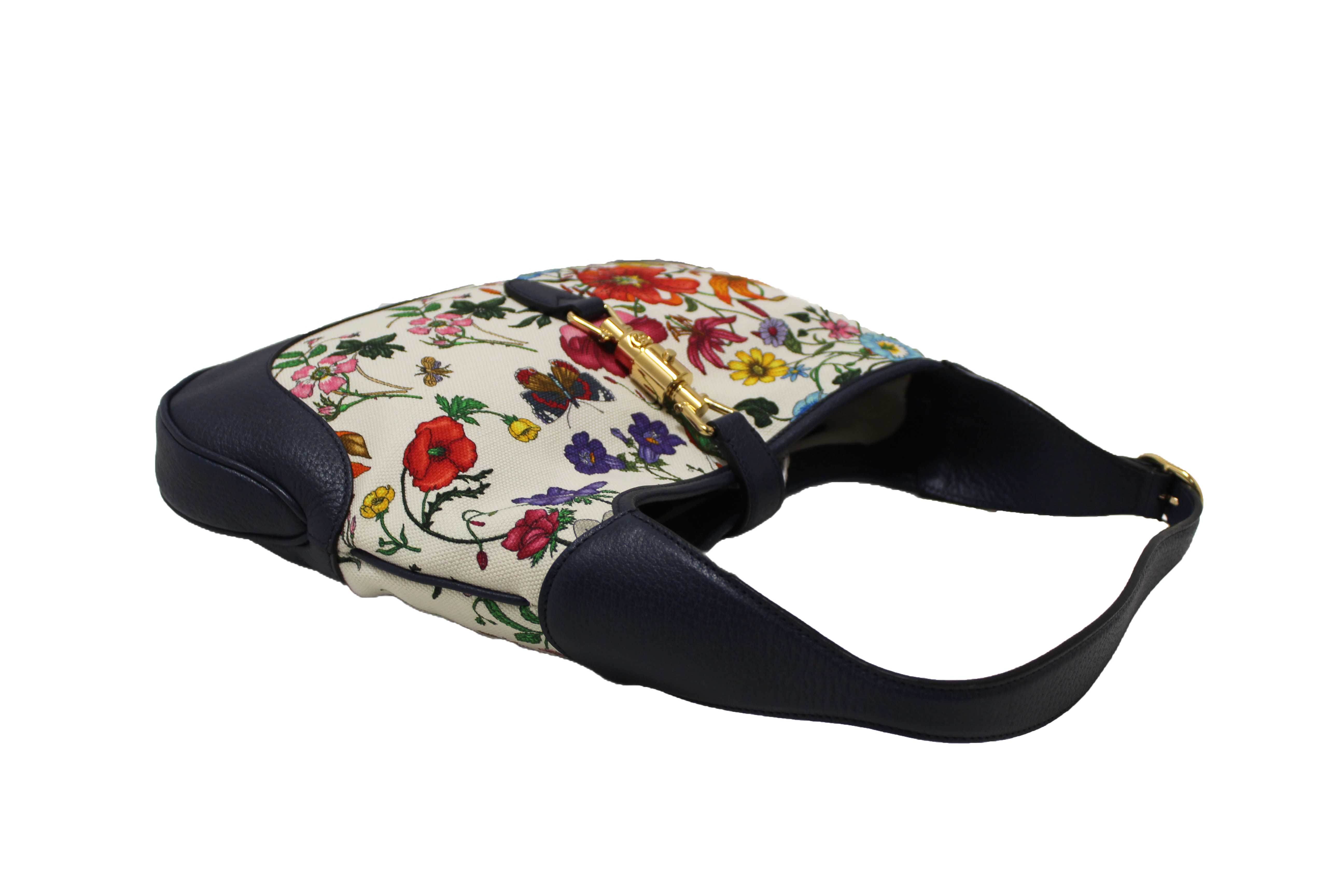 Authentic Gucci Blue Flora Canvas Jackie 1961 Medium Shoulder Bag 550152