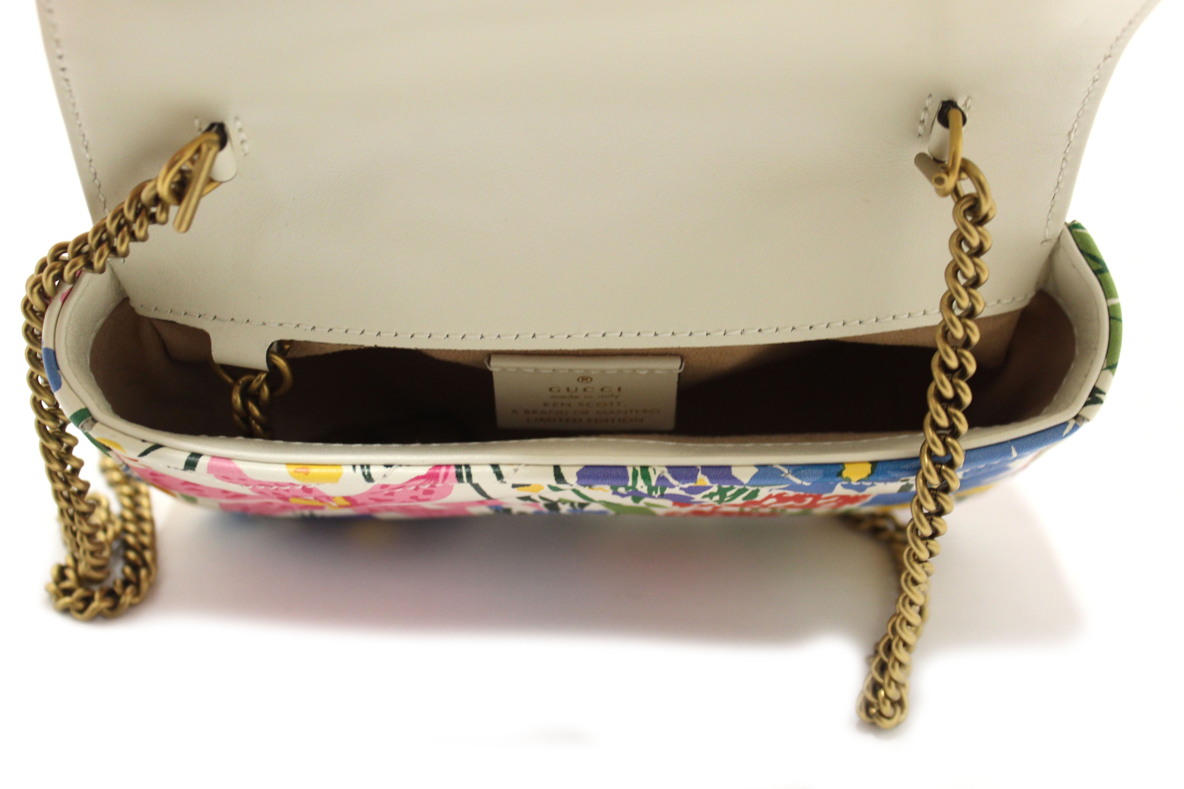 Authentic Gucci Limited Edition Ken Scott White Floral Marmont Matelasse Leather Super Mini Chain Bag 476433