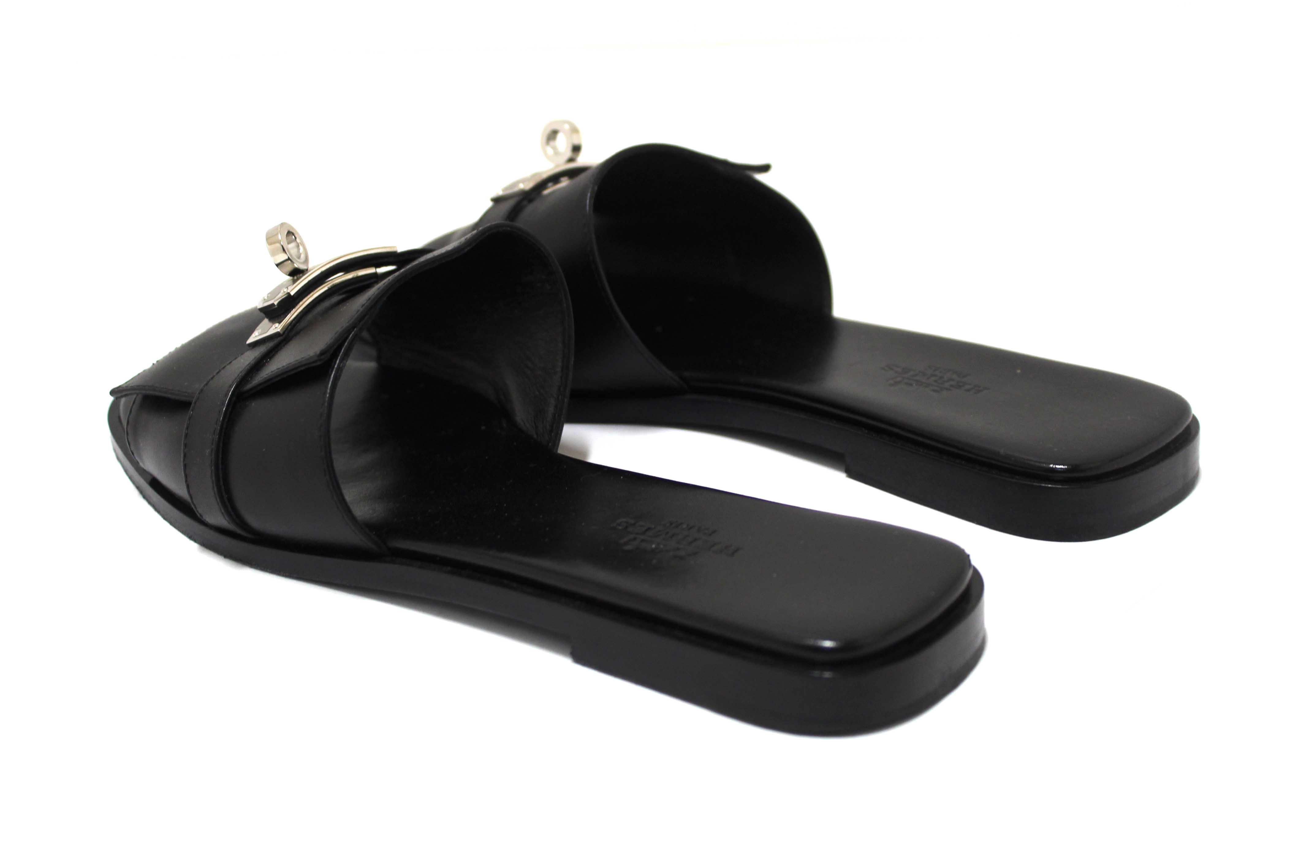Authentic Hermes Black Calfskin Leather Giulia Flat Sandals Shoes Size 37