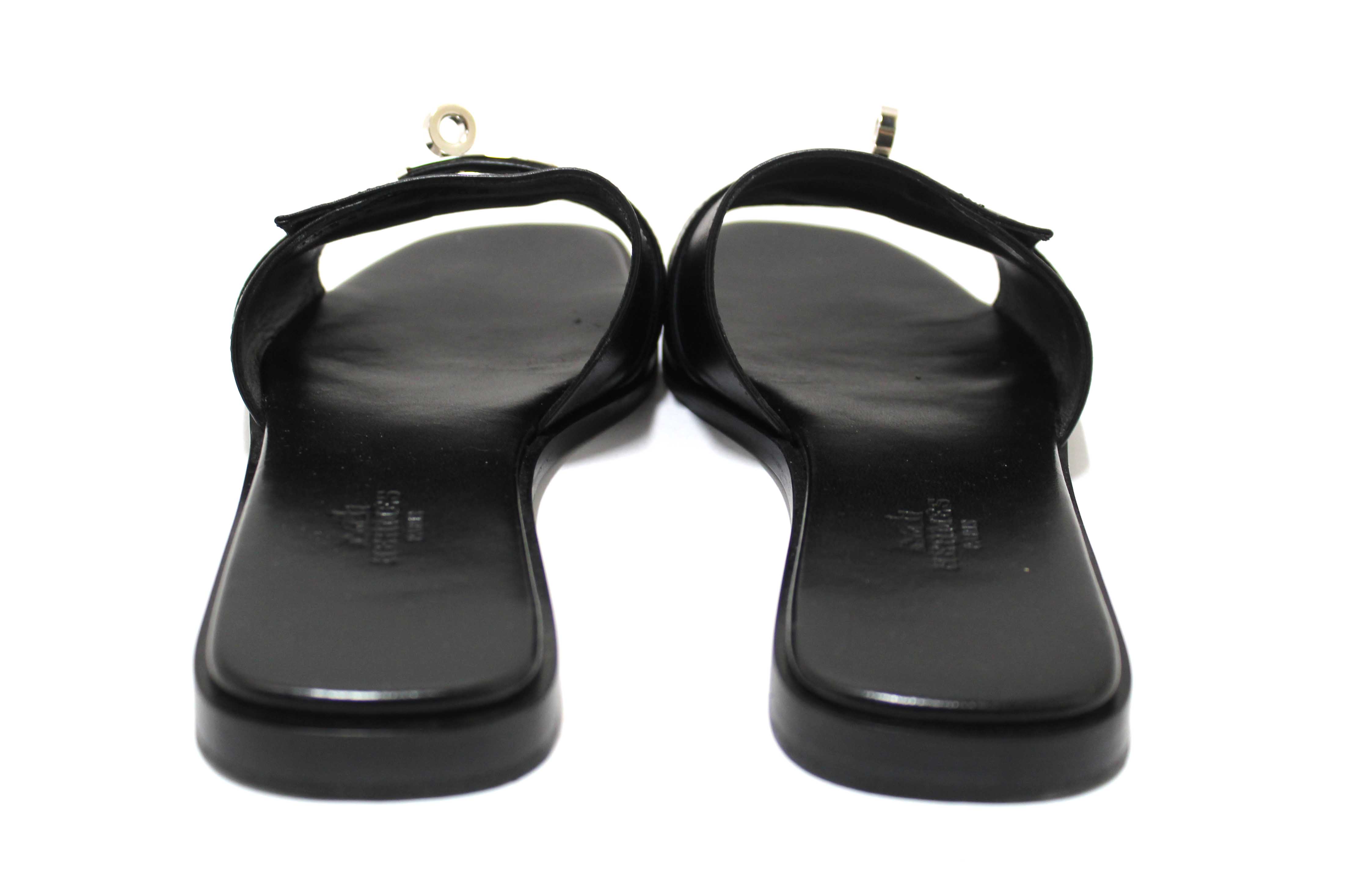 Authentic Hermes Black Calfskin Leather Giulia Flat Sandals Shoes Size 37