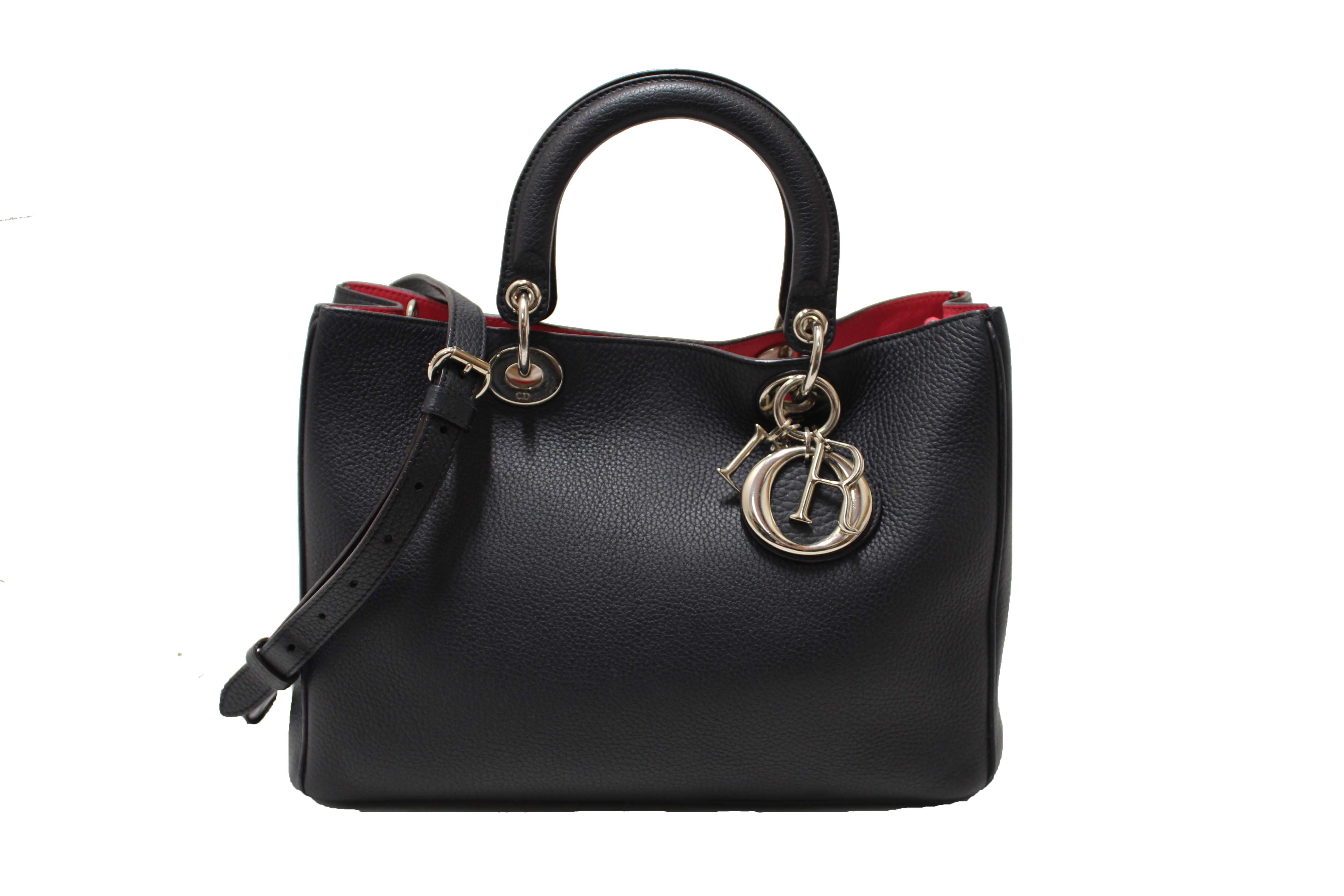 Authentic Christian Dior Black Pebbled Leather Medium Diorissimo Tote Bag
