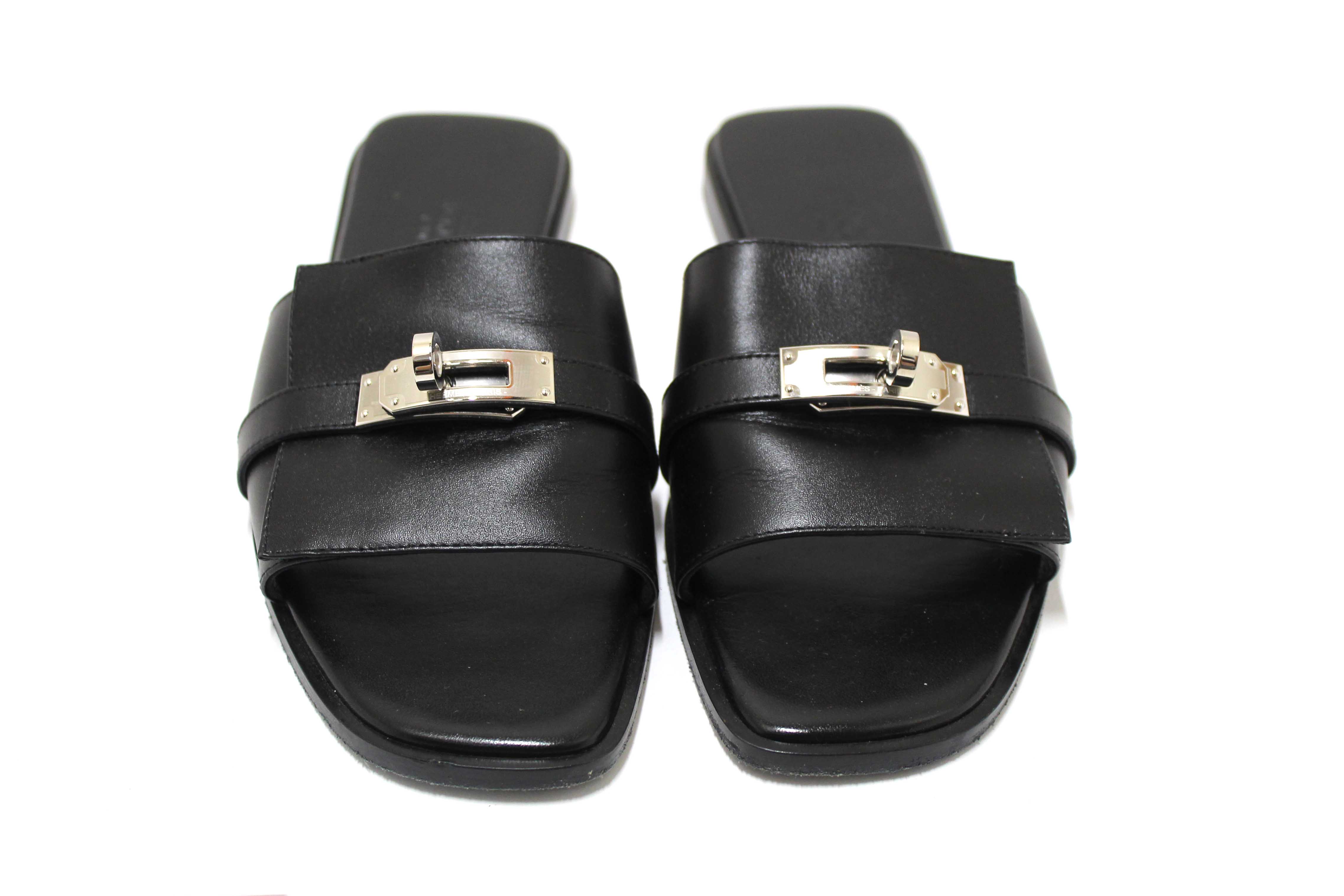 Authentic Hermes Black Calfskin Leather Giulia Flat Sandals Shoes Size 37