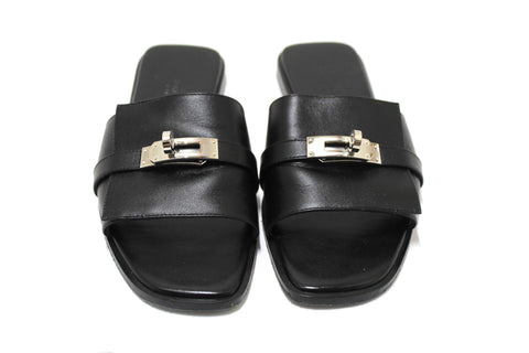 Authentic Hermes Black Calfskin Leather Giulia Flat Sandals Shoes Size 37
