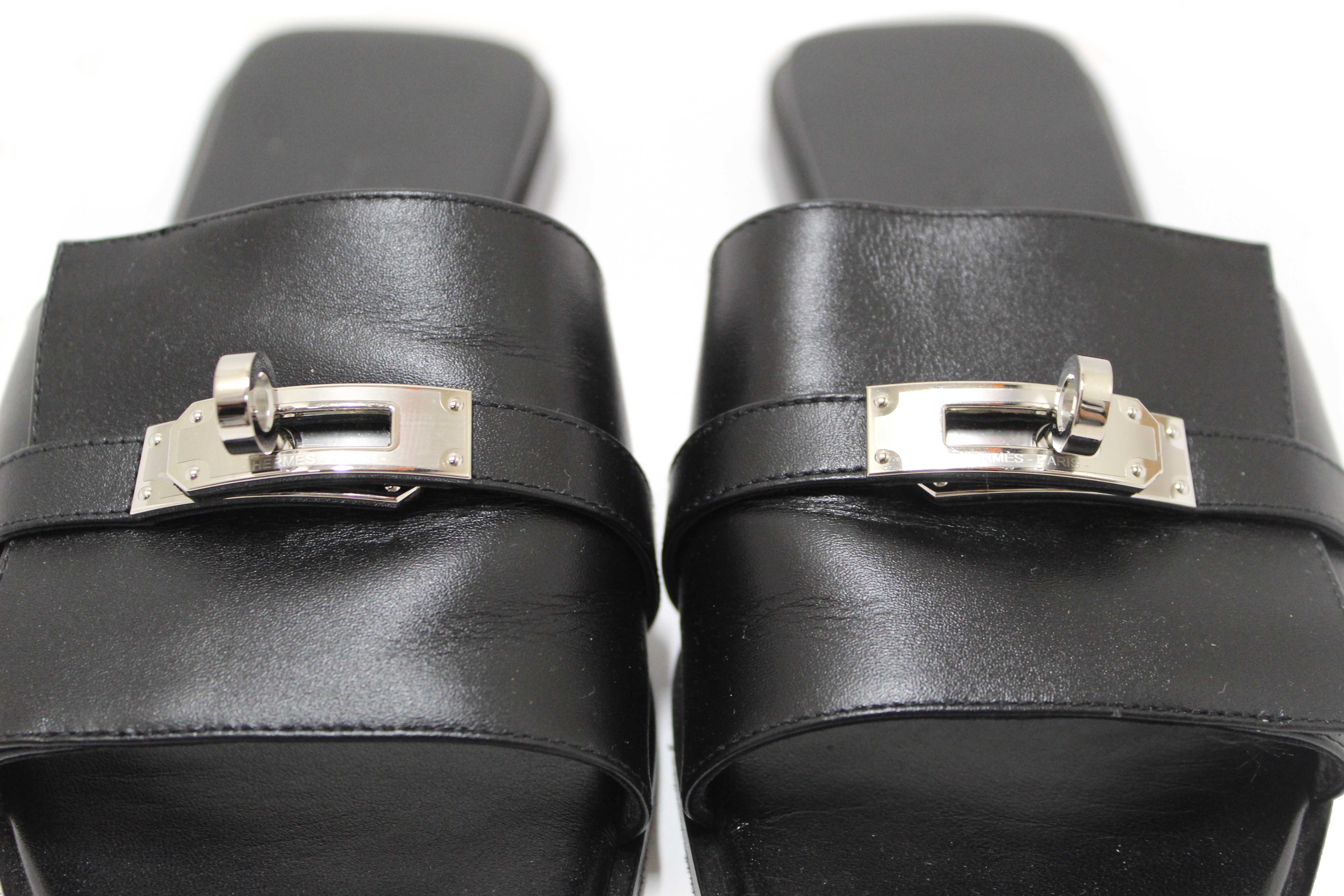 Authentic Hermes Black Calfskin Leather Giulia Flat Sandals Shoes Size 37