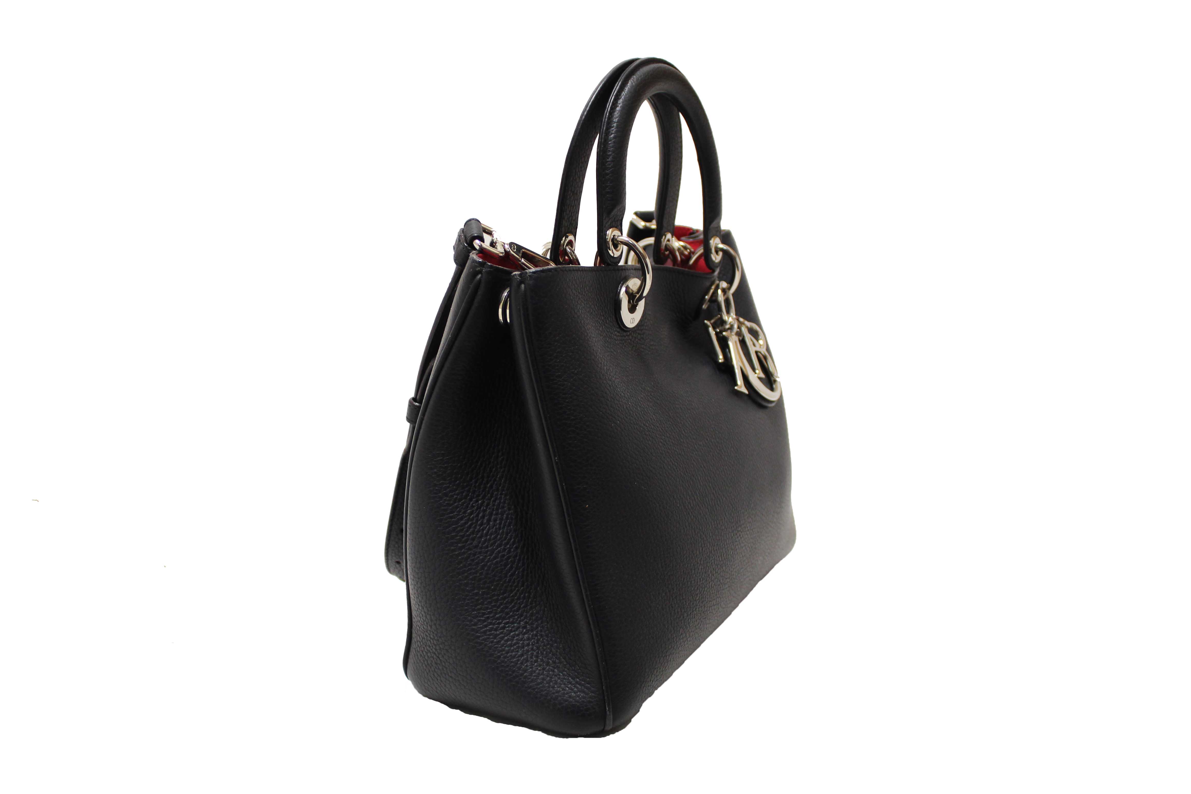 Authentic Christian Dior Black Pebbled Leather Medium Diorissimo Tote Bag