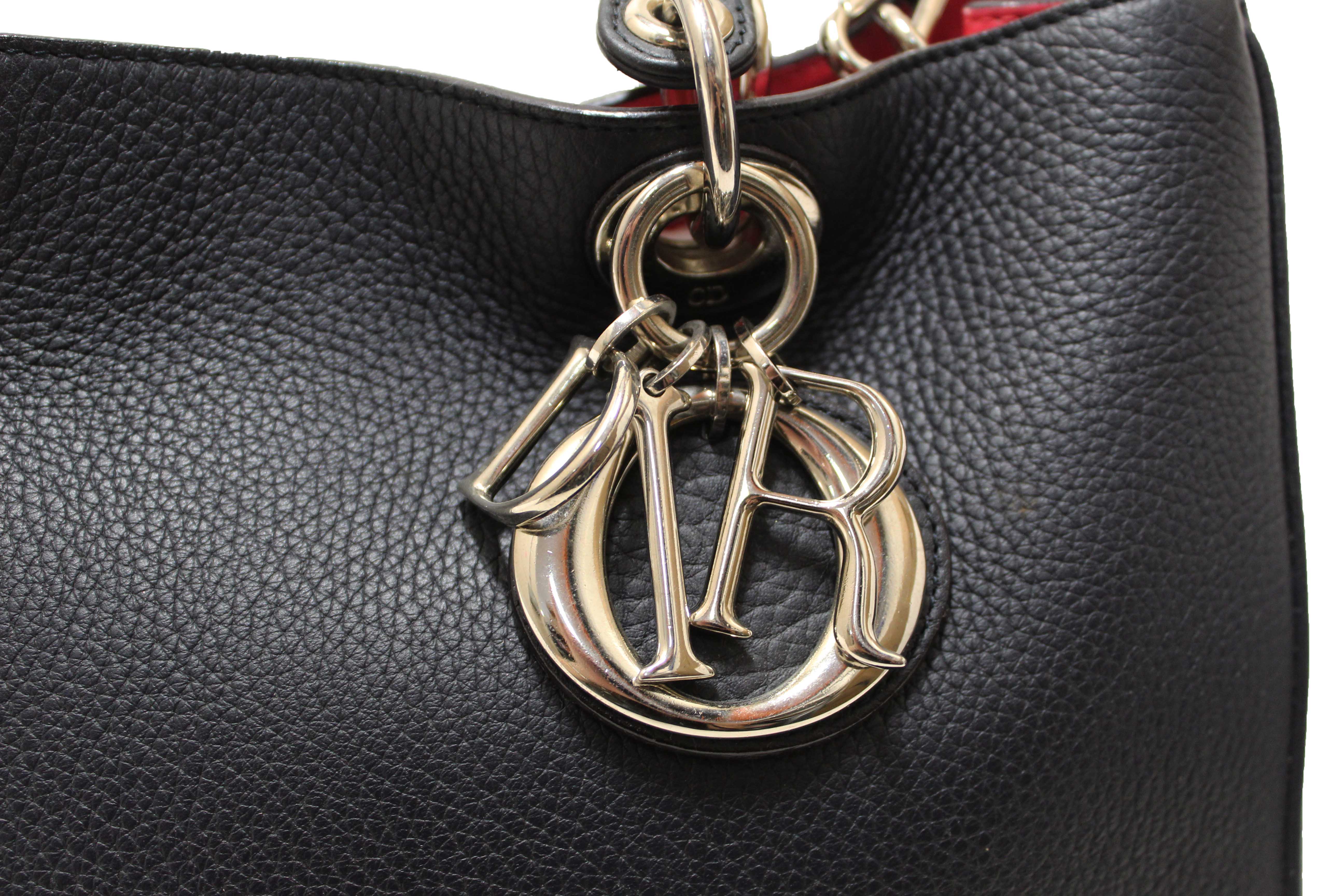 Authentic Christian Dior Black Pebbled Leather Medium Diorissimo Tote Bag