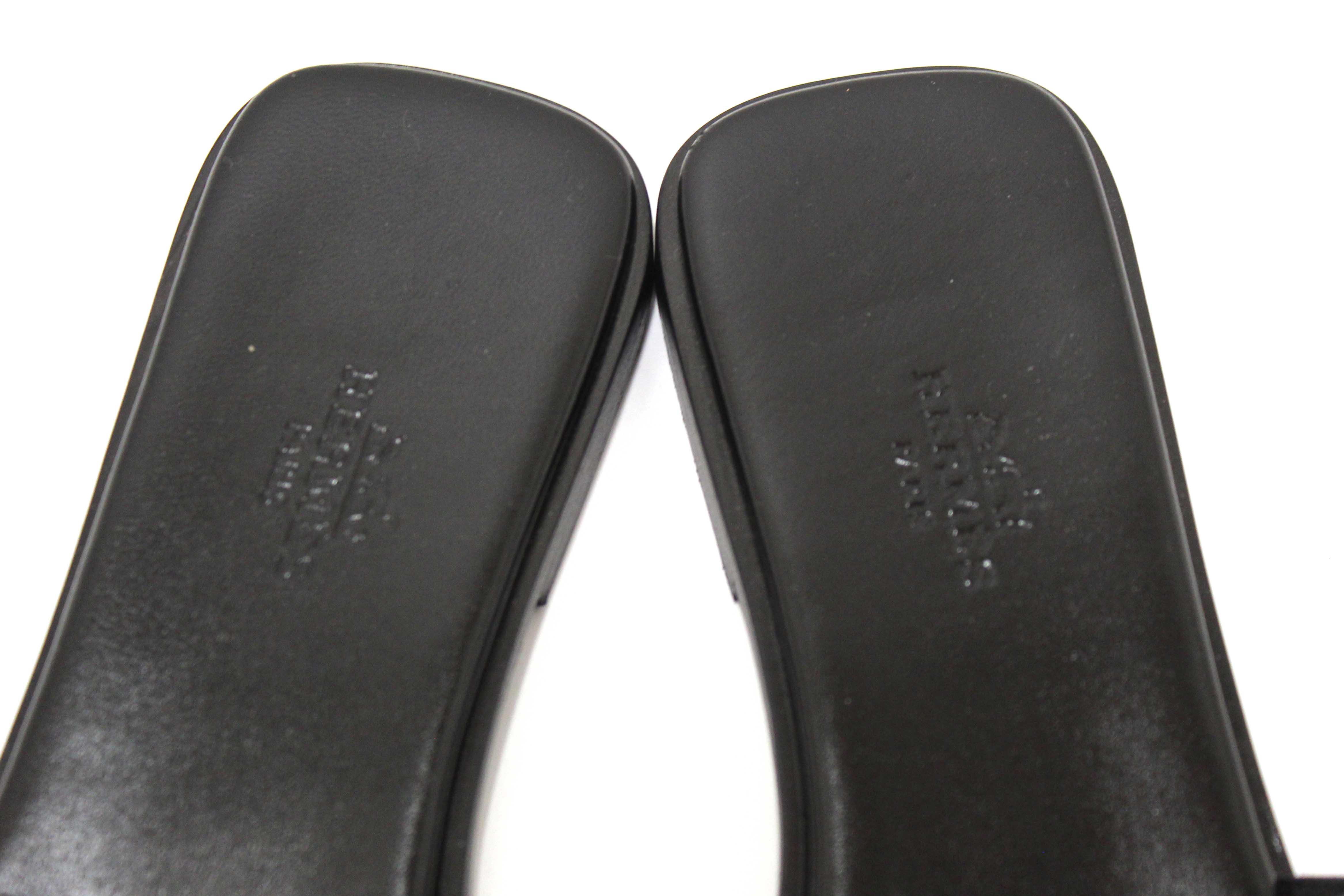 Authentic Hermes Black Calfskin Leather Giulia Flat Sandals Shoes Size 37