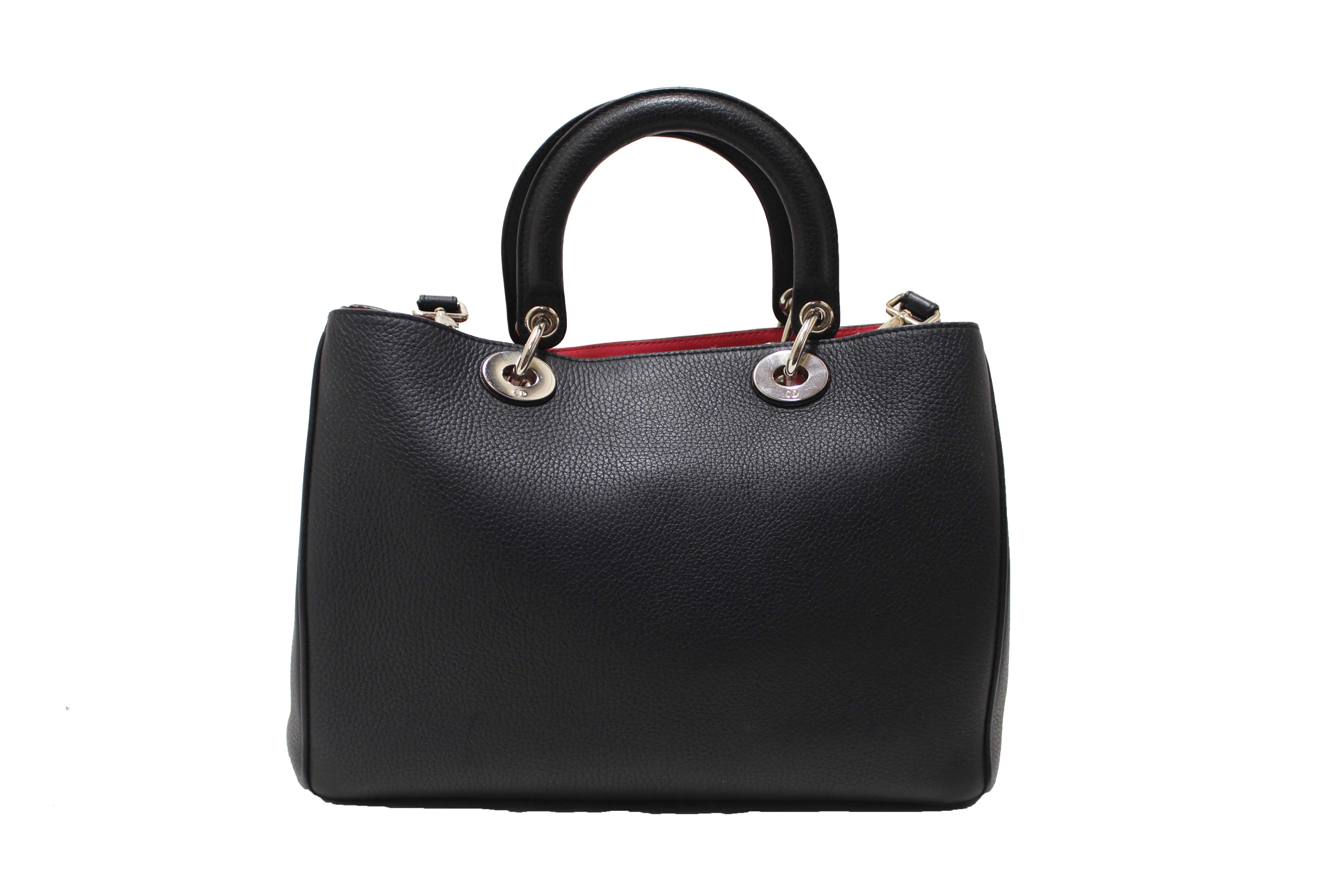 Authentic Christian Dior Black Pebbled Leather Medium Diorissimo Tote Bag