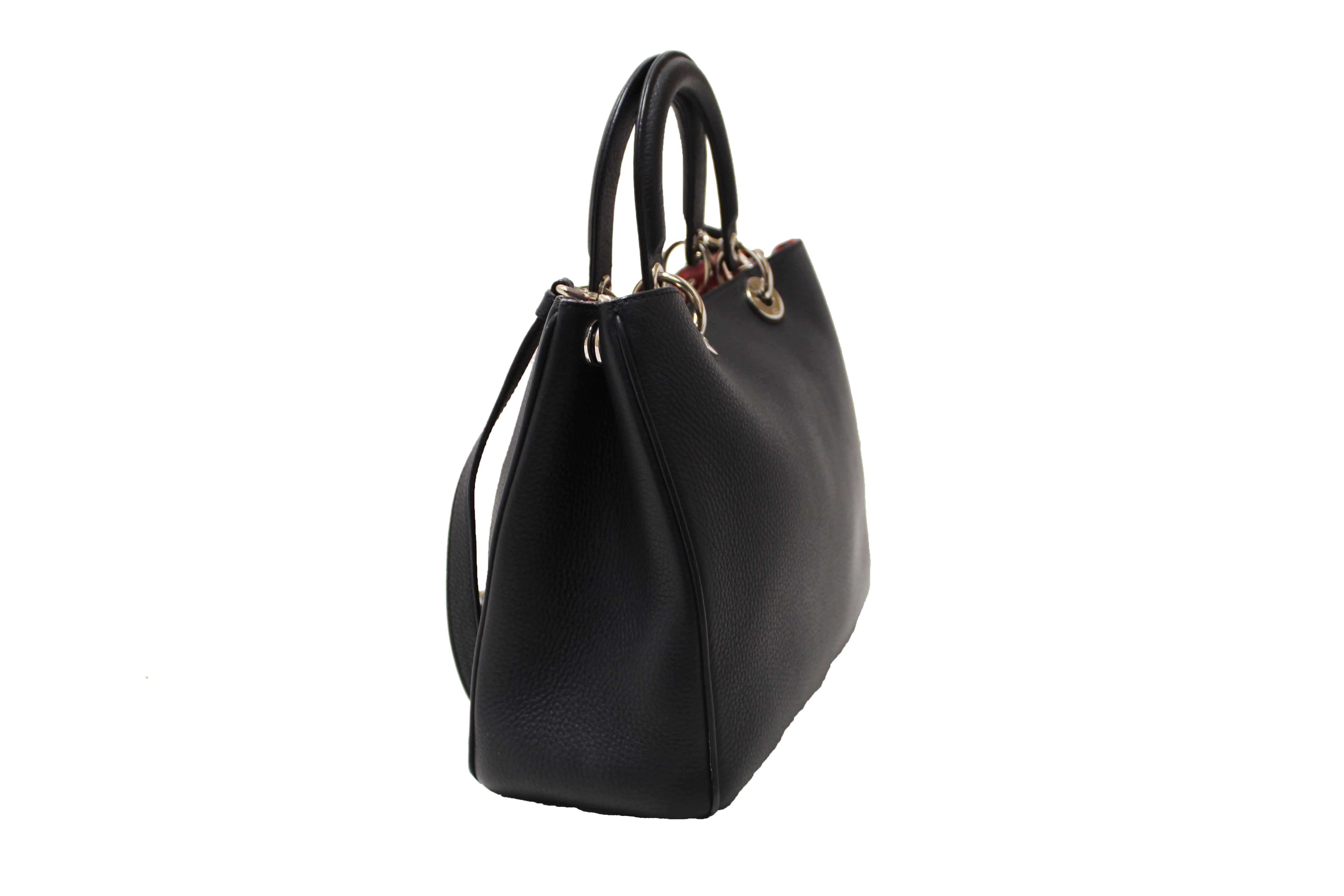 Authentic Christian Dior Black Pebbled Leather Medium Diorissimo Tote Bag