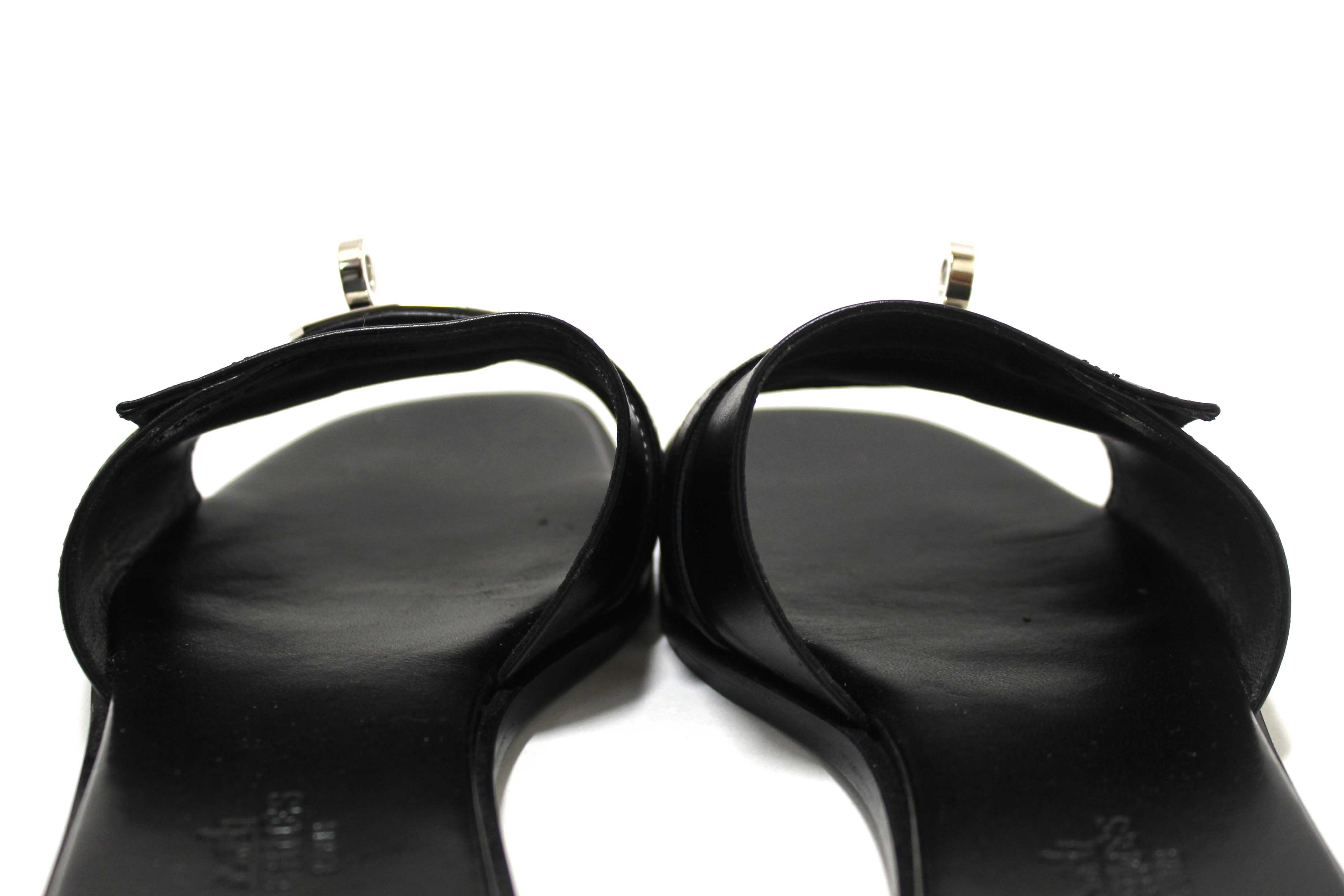 Authentic Hermes Black Calfskin Leather Giulia Flat Sandals Shoes Size 37