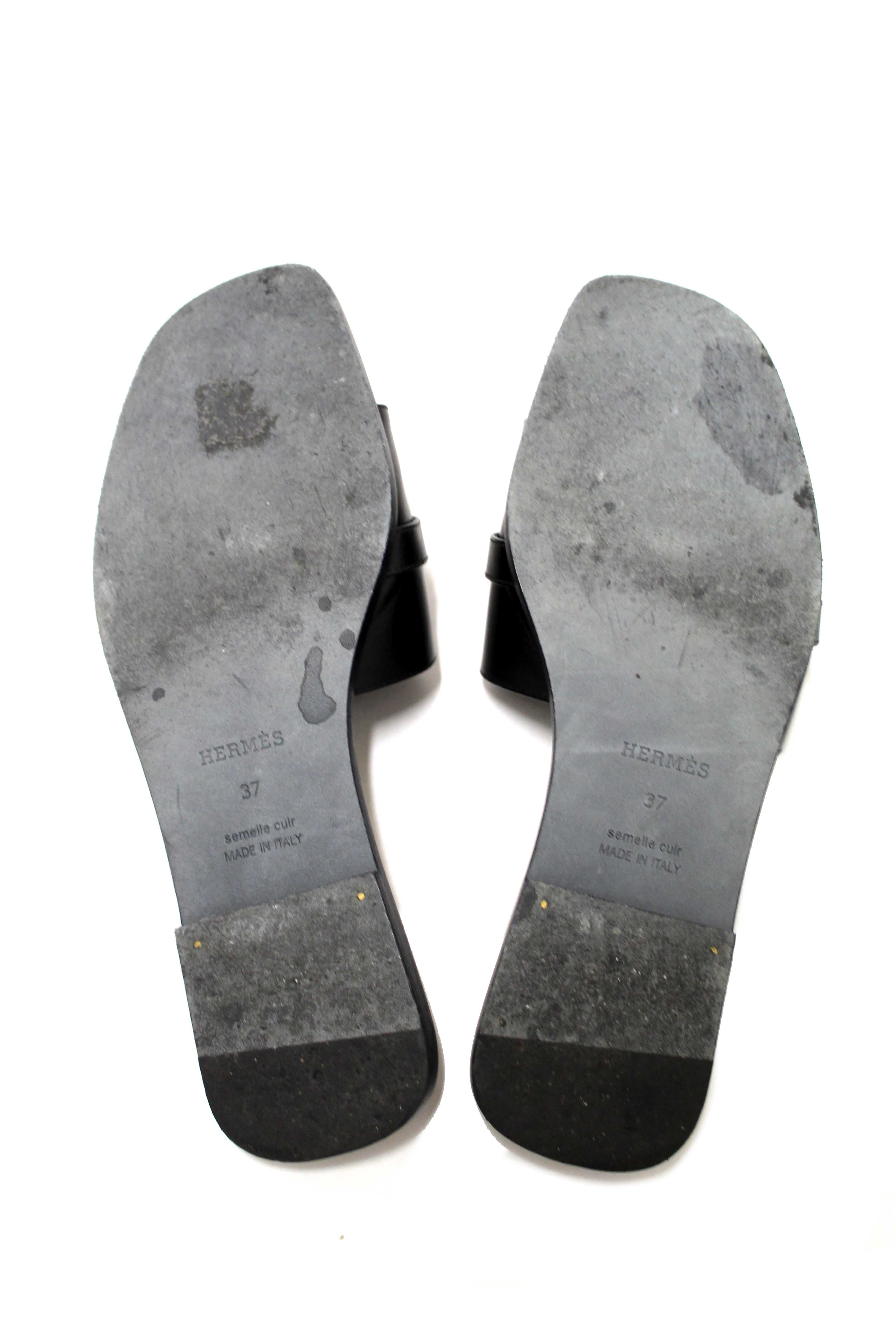 Authentic Hermes Black Calfskin Leather Giulia Flat Sandals Shoes Size 37