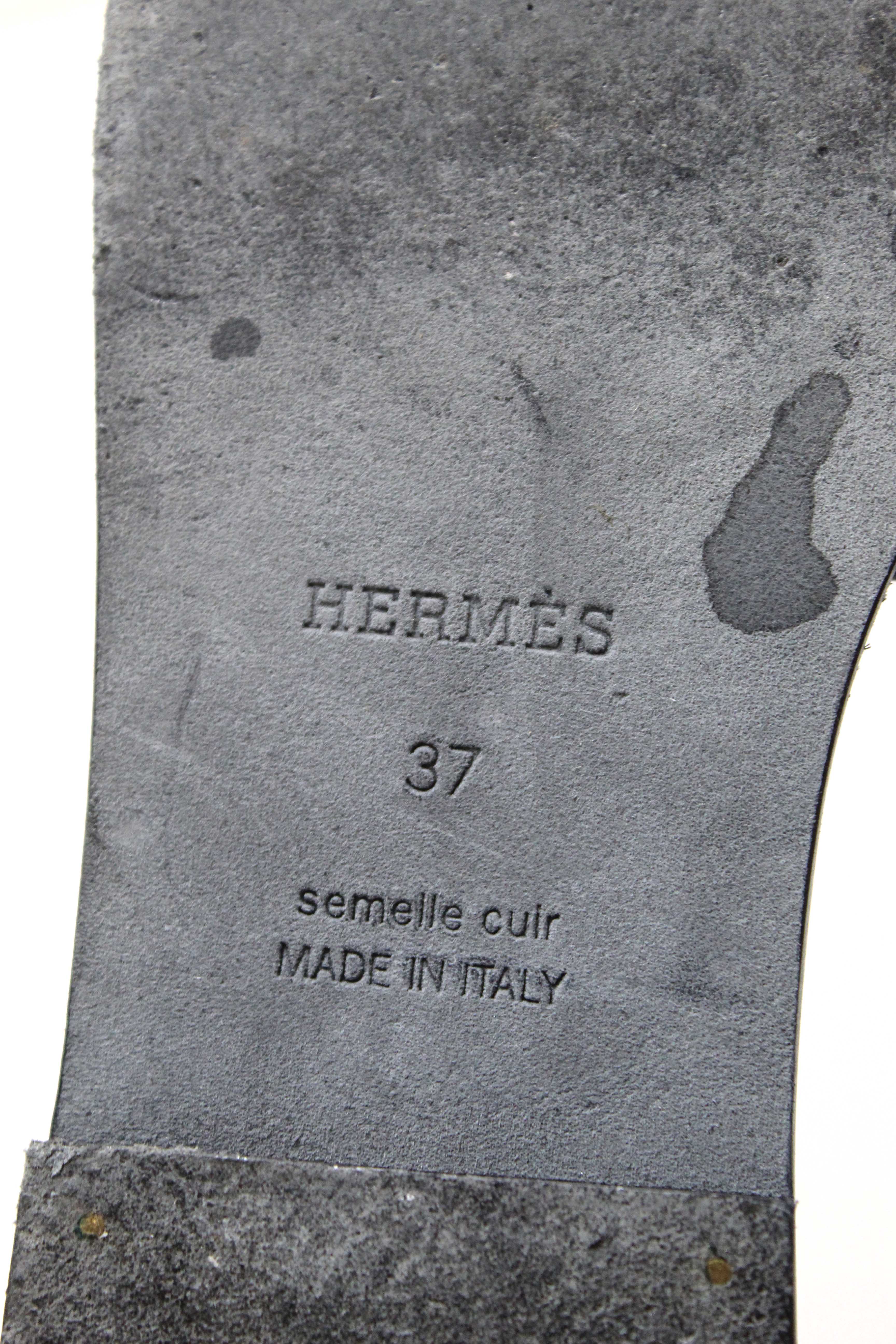 Authentic Hermes Black Calfskin Leather Giulia Flat Sandals Shoes Size 37