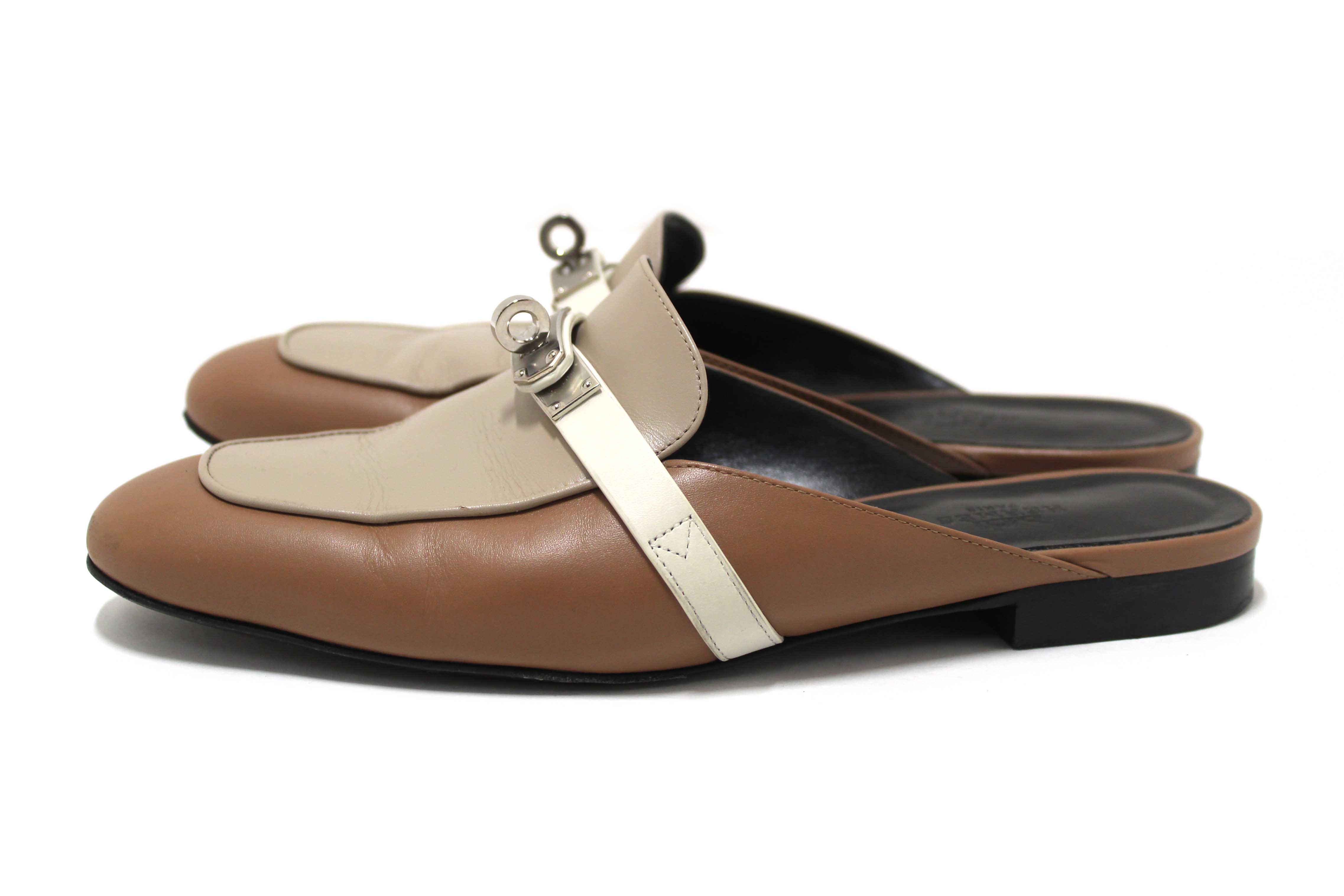 Authentic Hermes Taupe/White/Brown Tri-color Oz Mule Flat Sandals Shoes Size 37.5