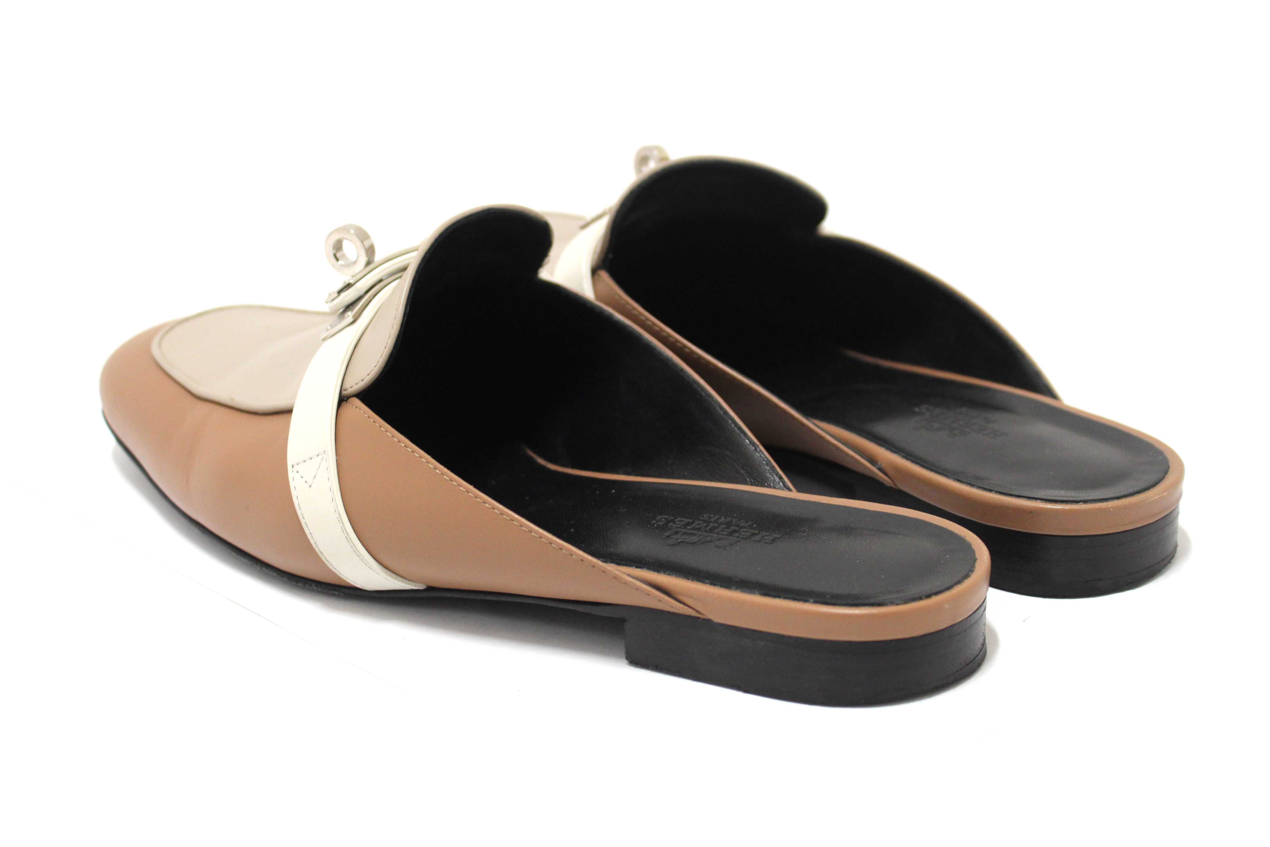 Authentic Hermes Taupe/White/Brown Tri-color Oz Mule Flat Sandals Shoes Size 37.5