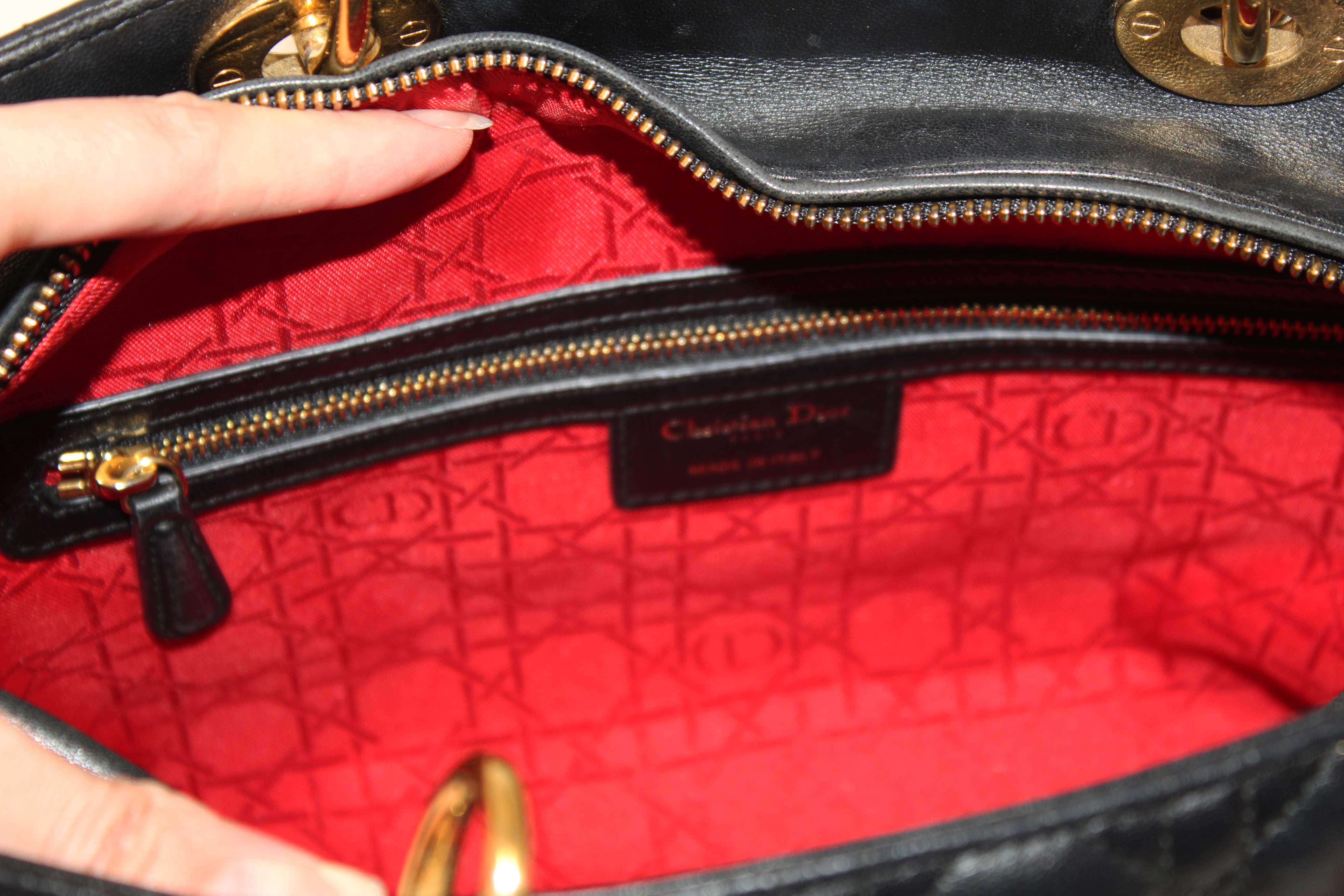 Authentic Christian Dior Black Cannage Lambskin Leather Large Lady Dior Bag
