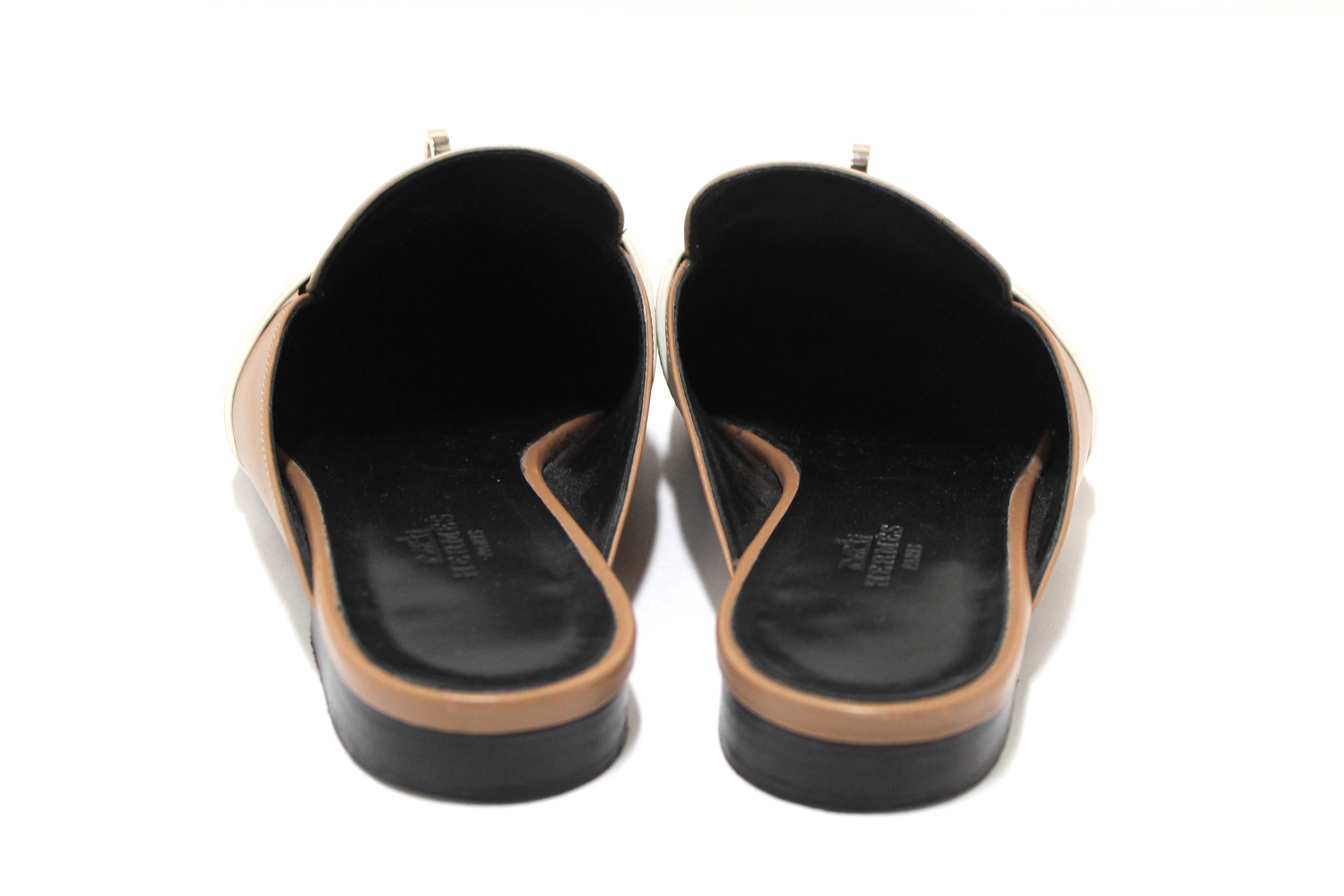Authentic Hermes Taupe/White/Brown Tri-color Oz Mule Flat Sandals Shoes Size 37.5