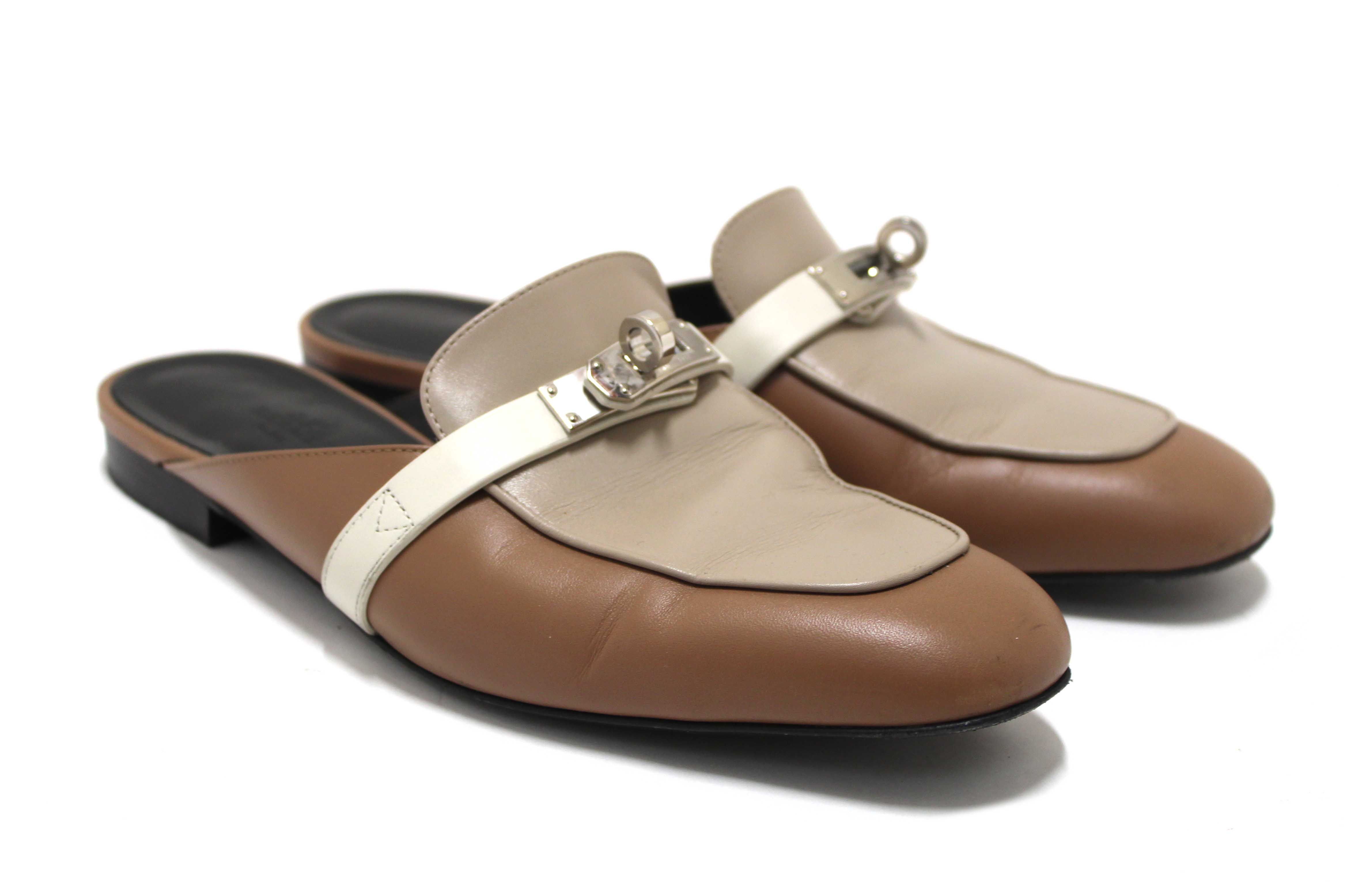 Authentic Hermes Taupe/White/Brown Tri-color Oz Mule Flat Sandals Shoes Size 37.5