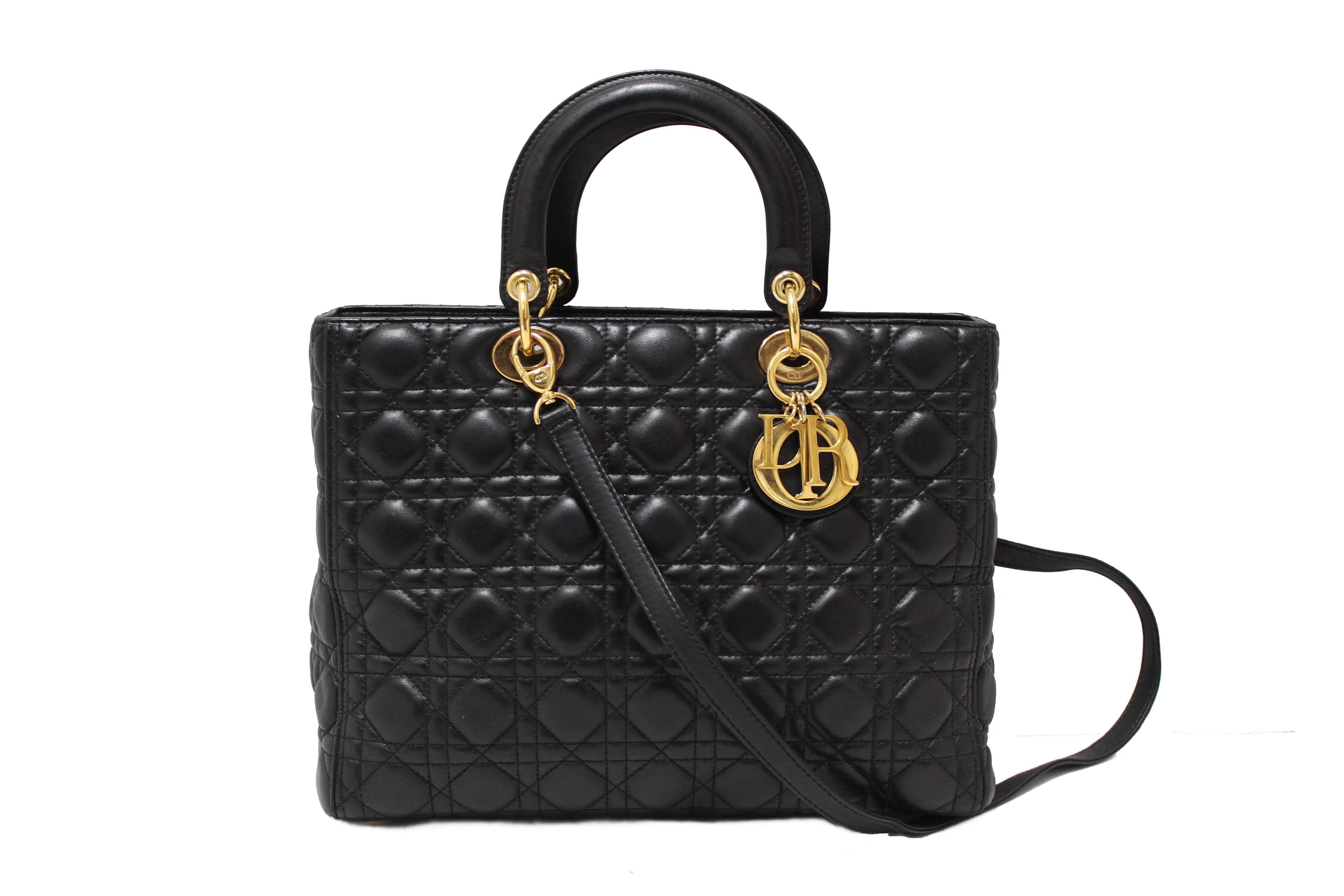 Authentic Christian Dior Black Cannage Lambskin Leather Large Lady Dior Bag