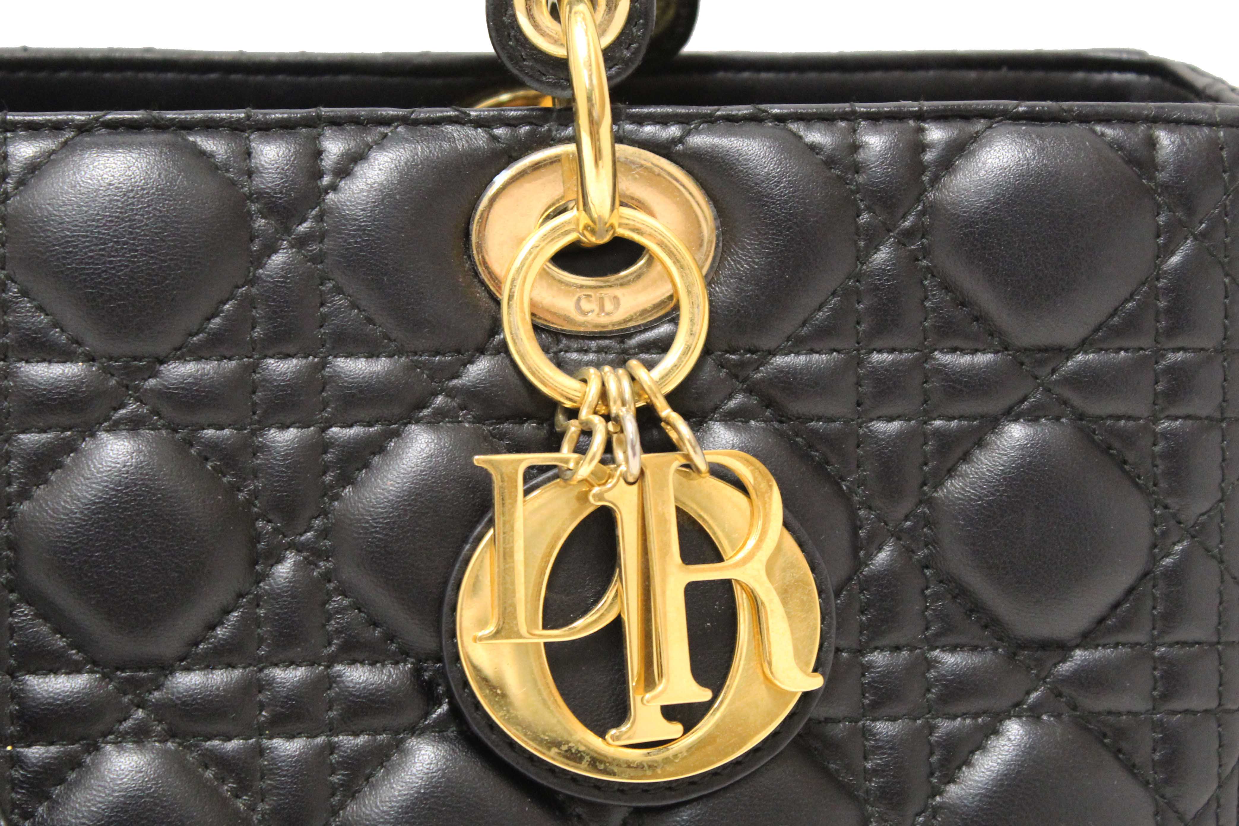 Authentic Christian Dior Black Cannage Lambskin Leather Large Lady Dior Bag