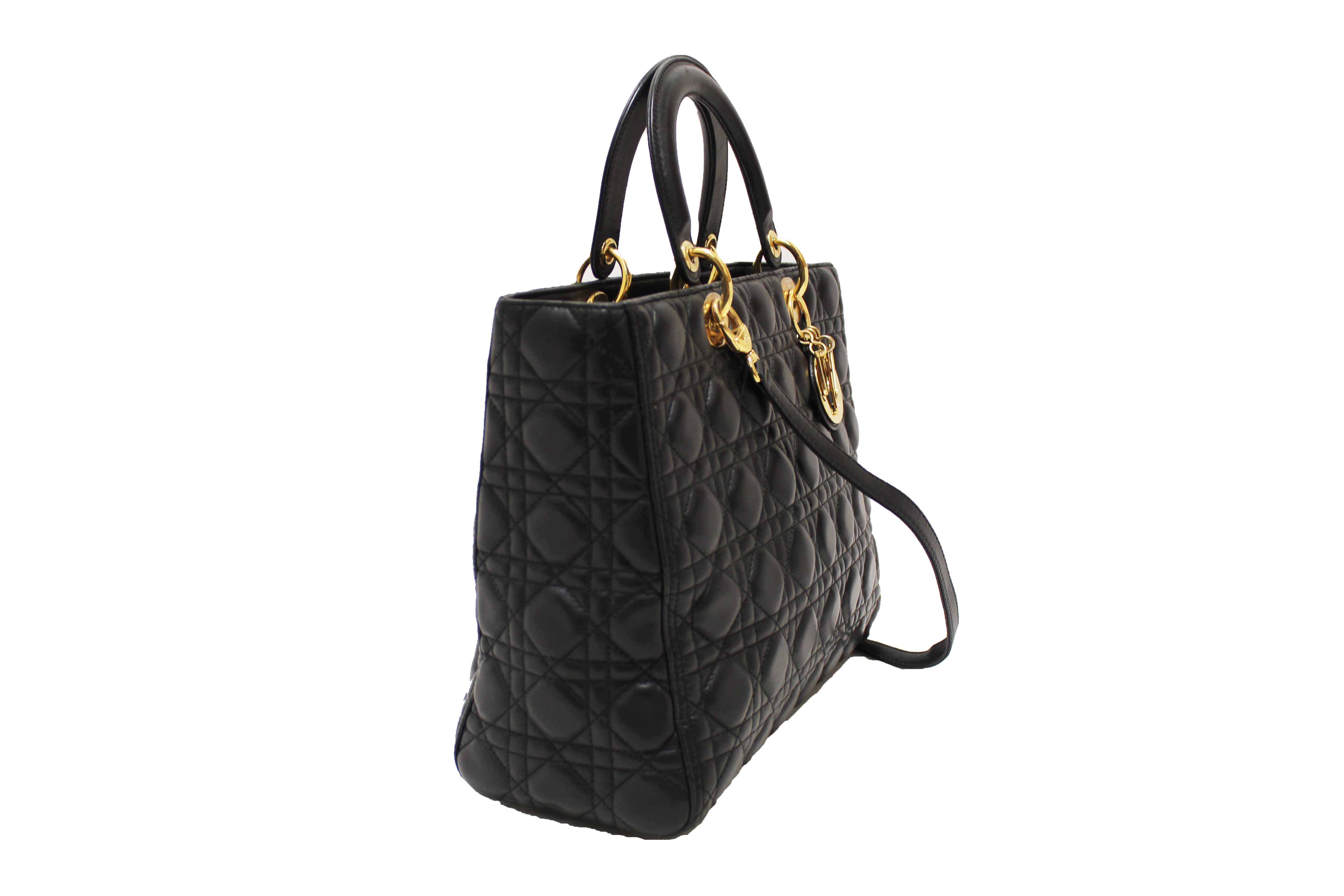 Authentic Christian Dior Black Cannage Lambskin Leather Large Lady Dior Bag