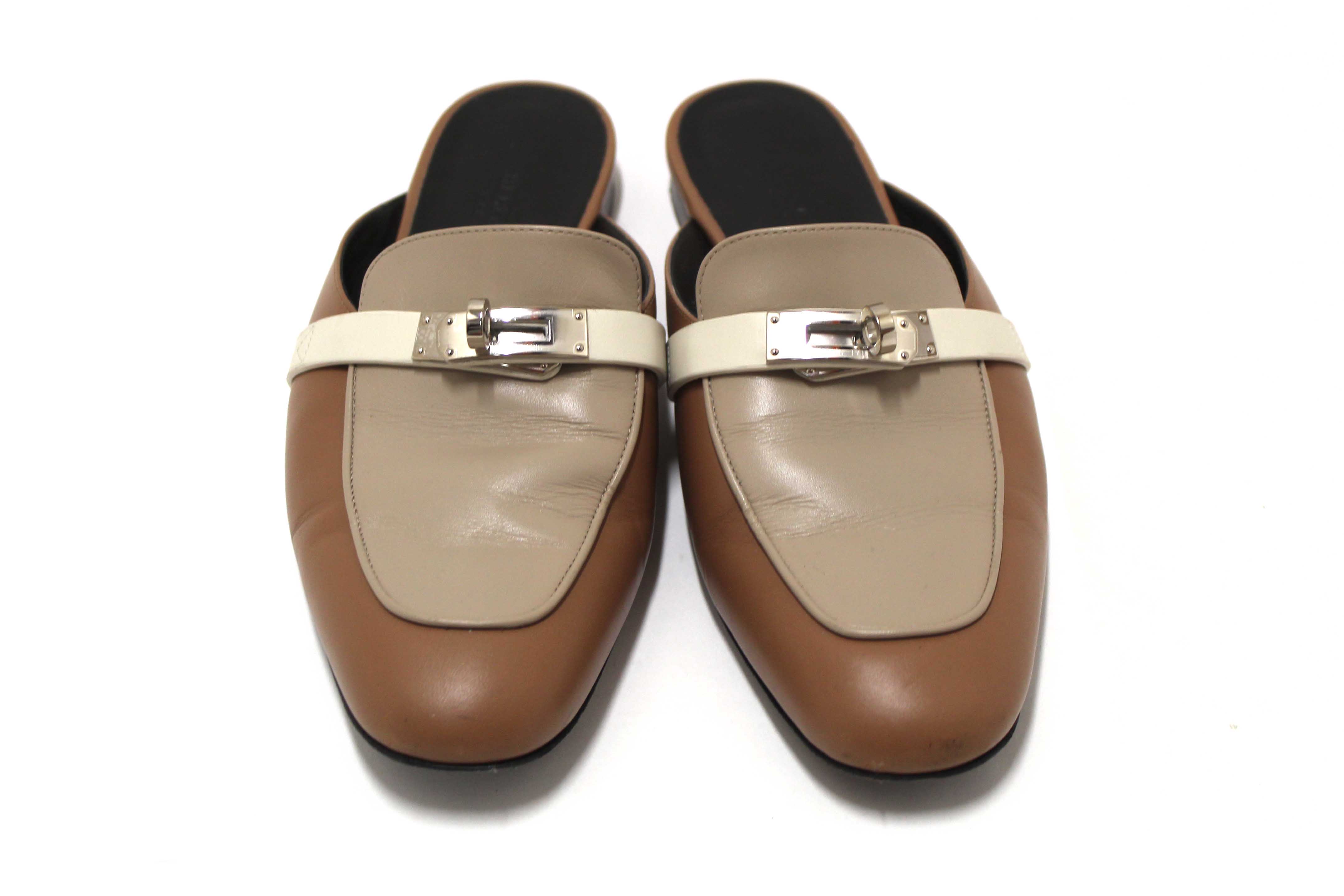 Authentic Hermes Taupe/White/Brown Tri-color Oz Mule Flat Sandals Shoes Size 37.5