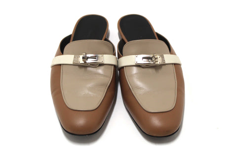 Authentic Hermes Taupe/White/Brown Tri-color Oz Mule Flat Sandals Shoes Size 37.5