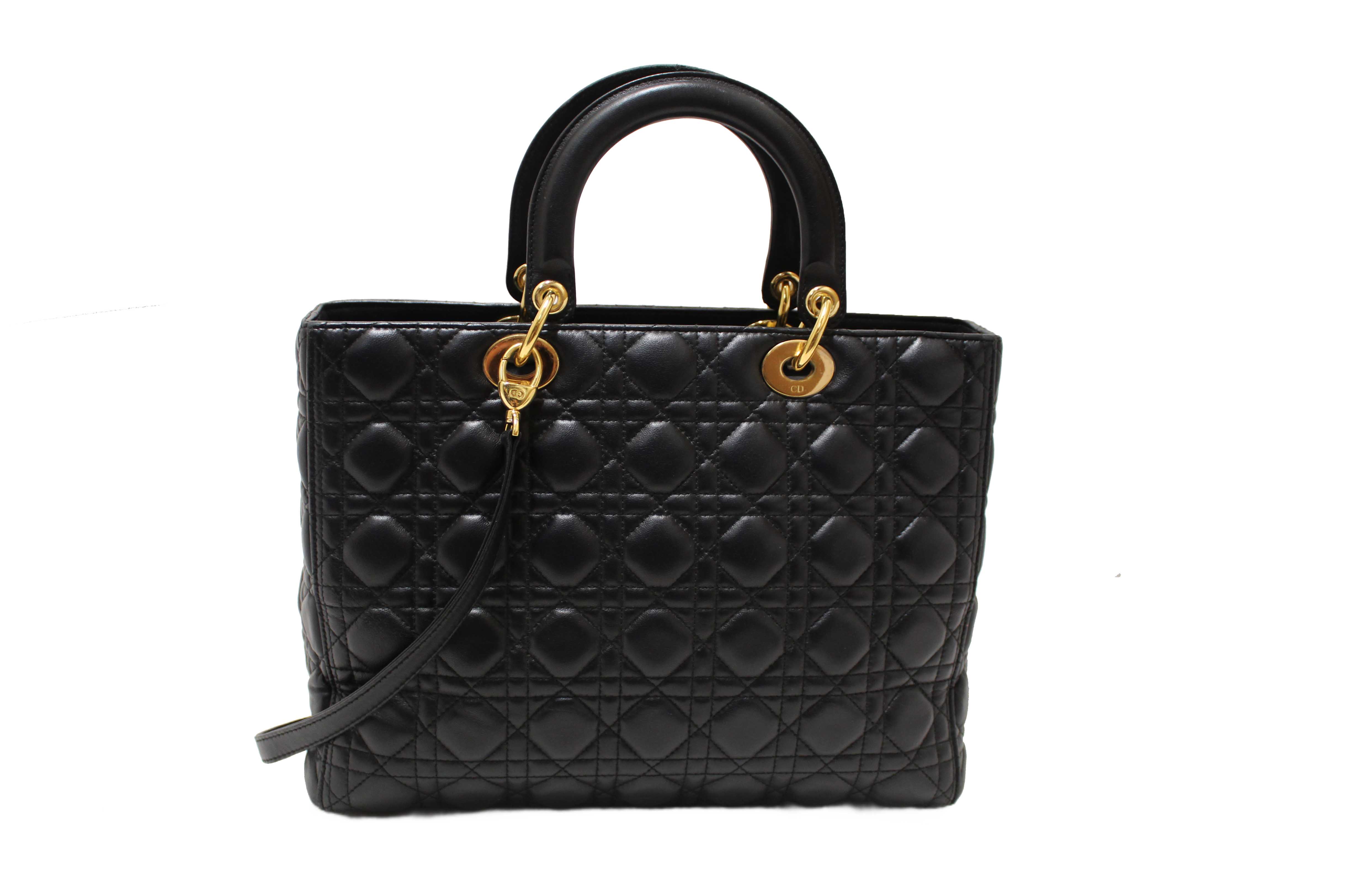 Authentic Christian Dior Black Cannage Lambskin Leather Large Lady Dior Bag
