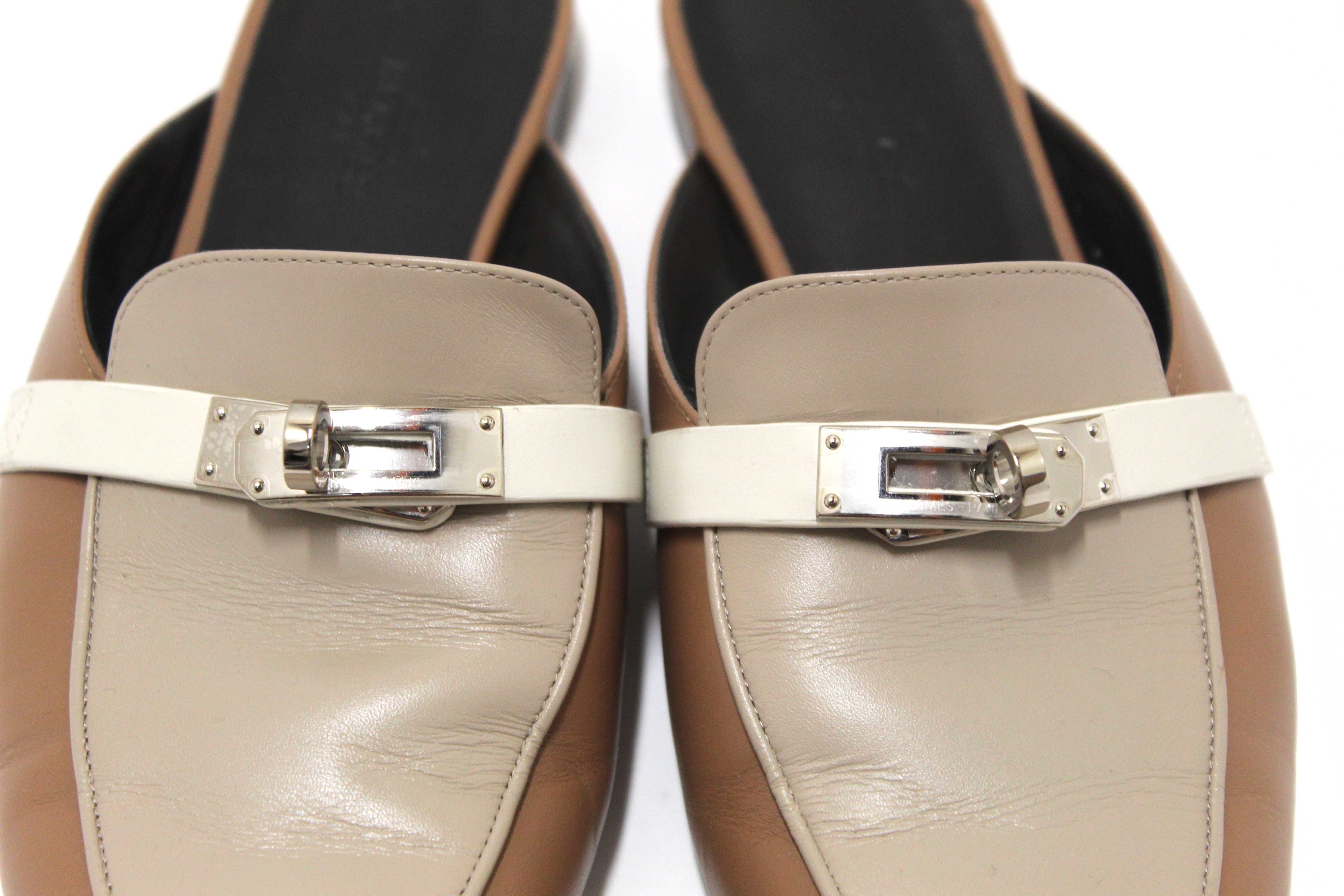 Authentic Hermes Taupe/White/Brown Tri-color Oz Mule Flat Sandals Shoes Size 37.5
