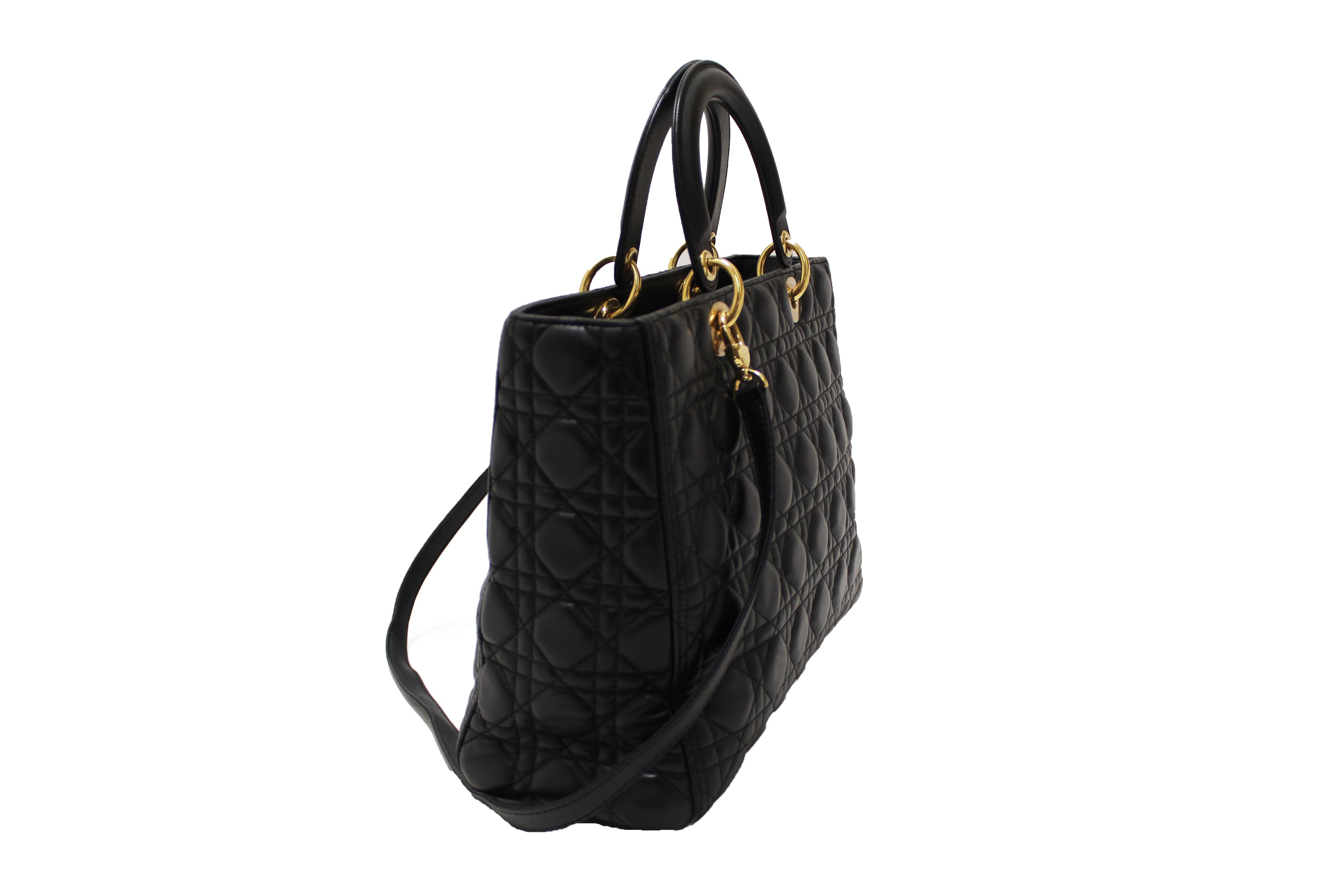 Authentic Christian Dior Black Cannage Lambskin Leather Large Lady Dior Bag