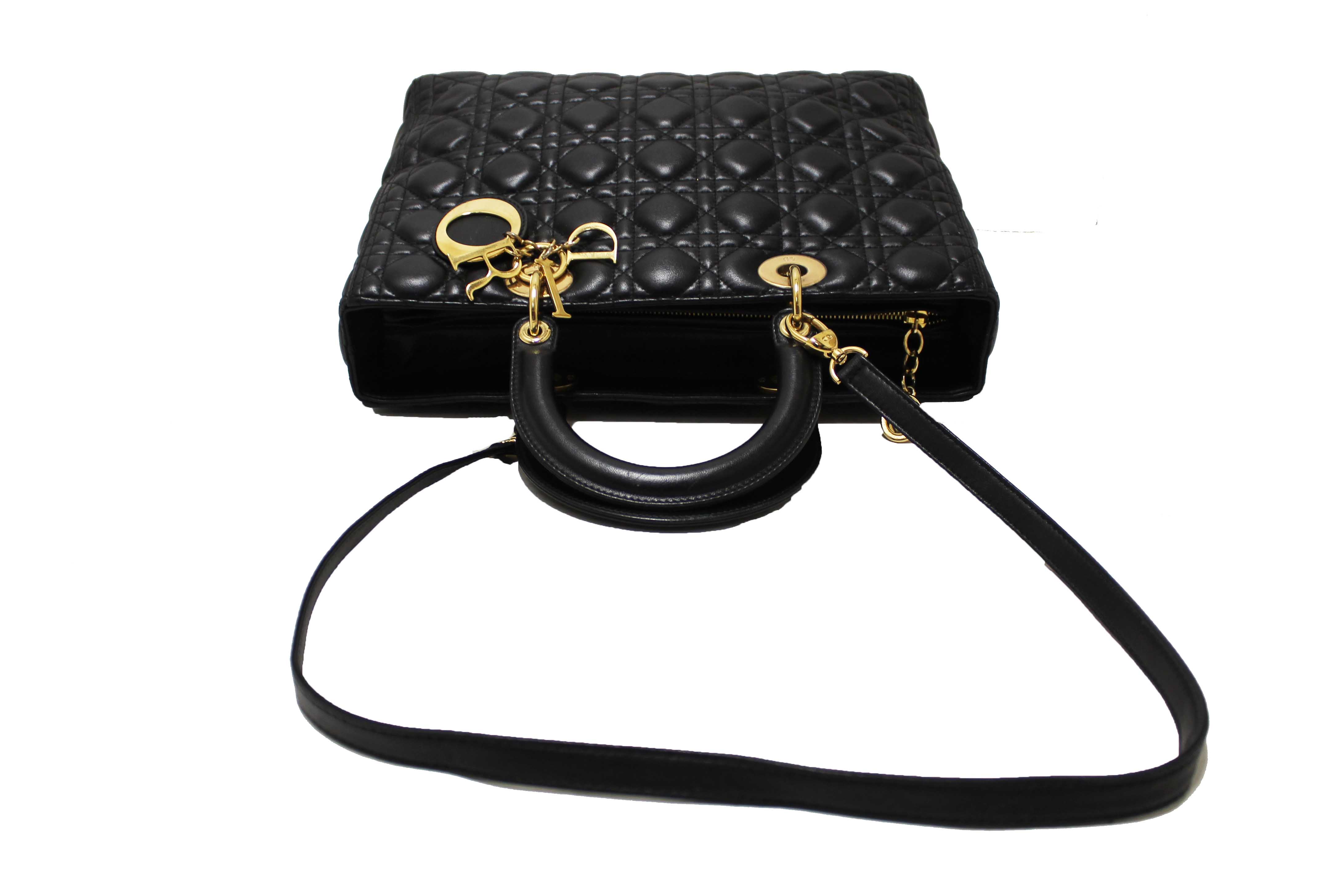 Authentic Christian Dior Black Cannage Lambskin Leather Large Lady Dior Bag
