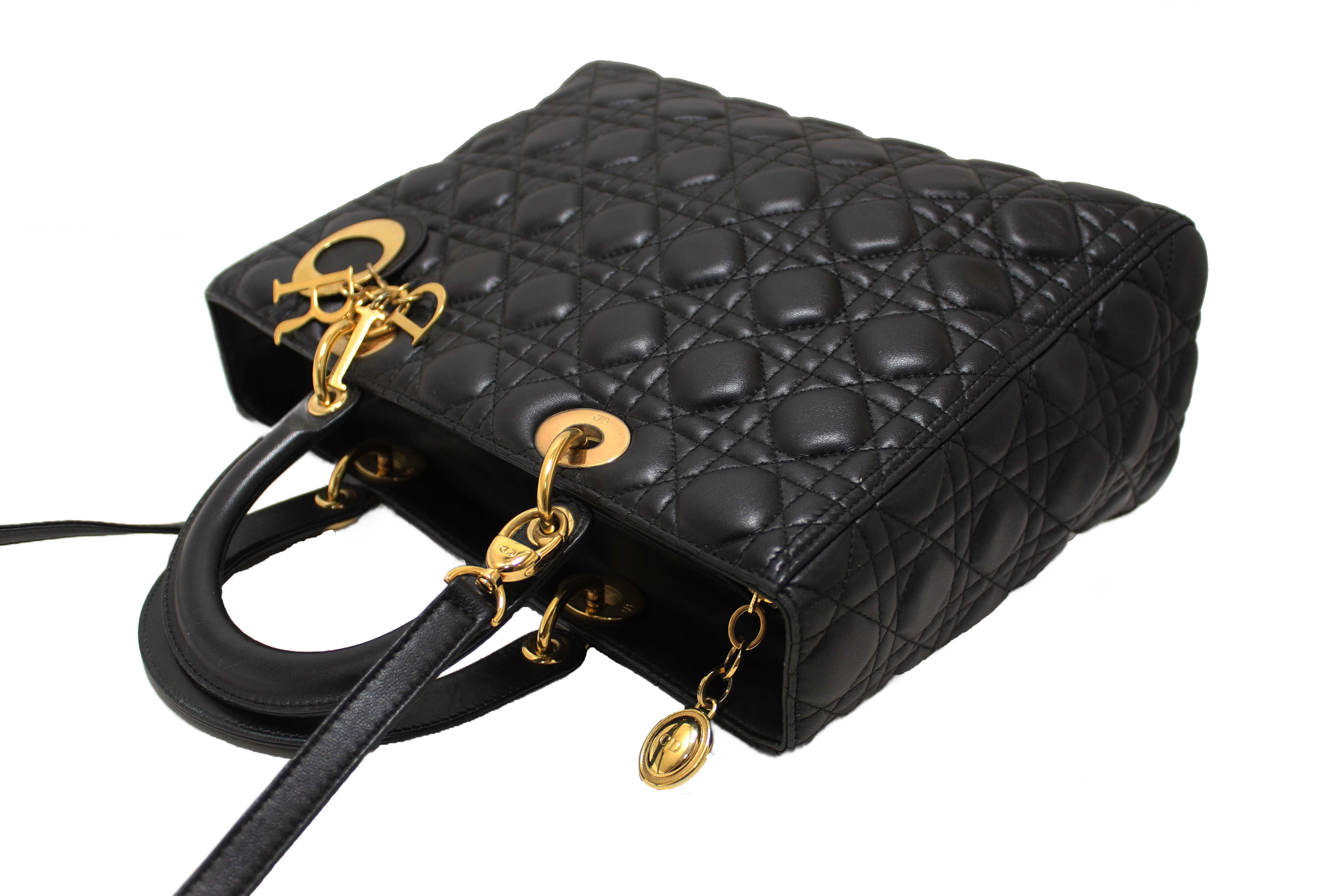 Authentic Christian Dior Black Cannage Lambskin Leather Large Lady Dior Bag