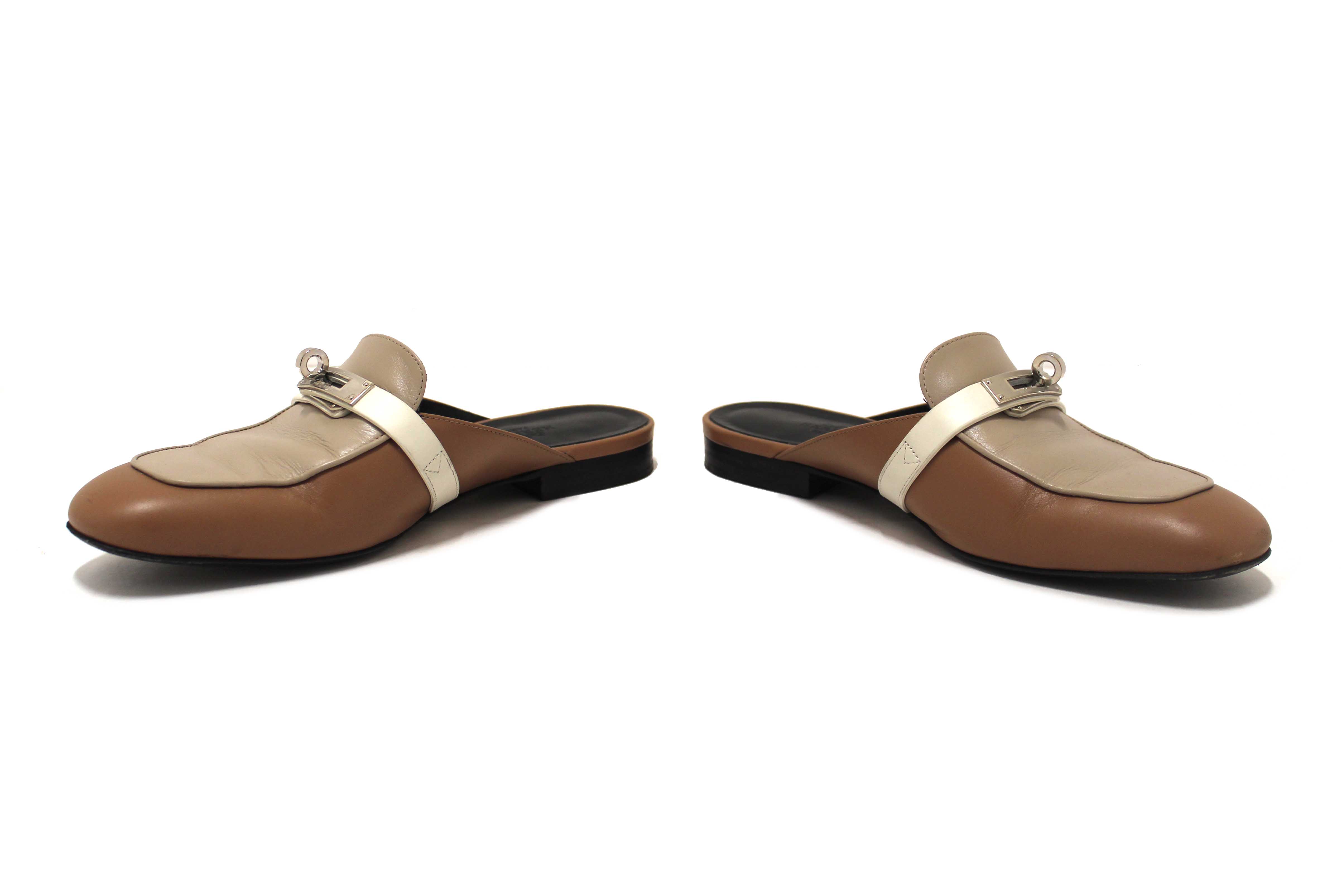 Authentic Hermes Taupe/White/Brown Tri-color Oz Mule Flat Sandals Shoes Size 37.5