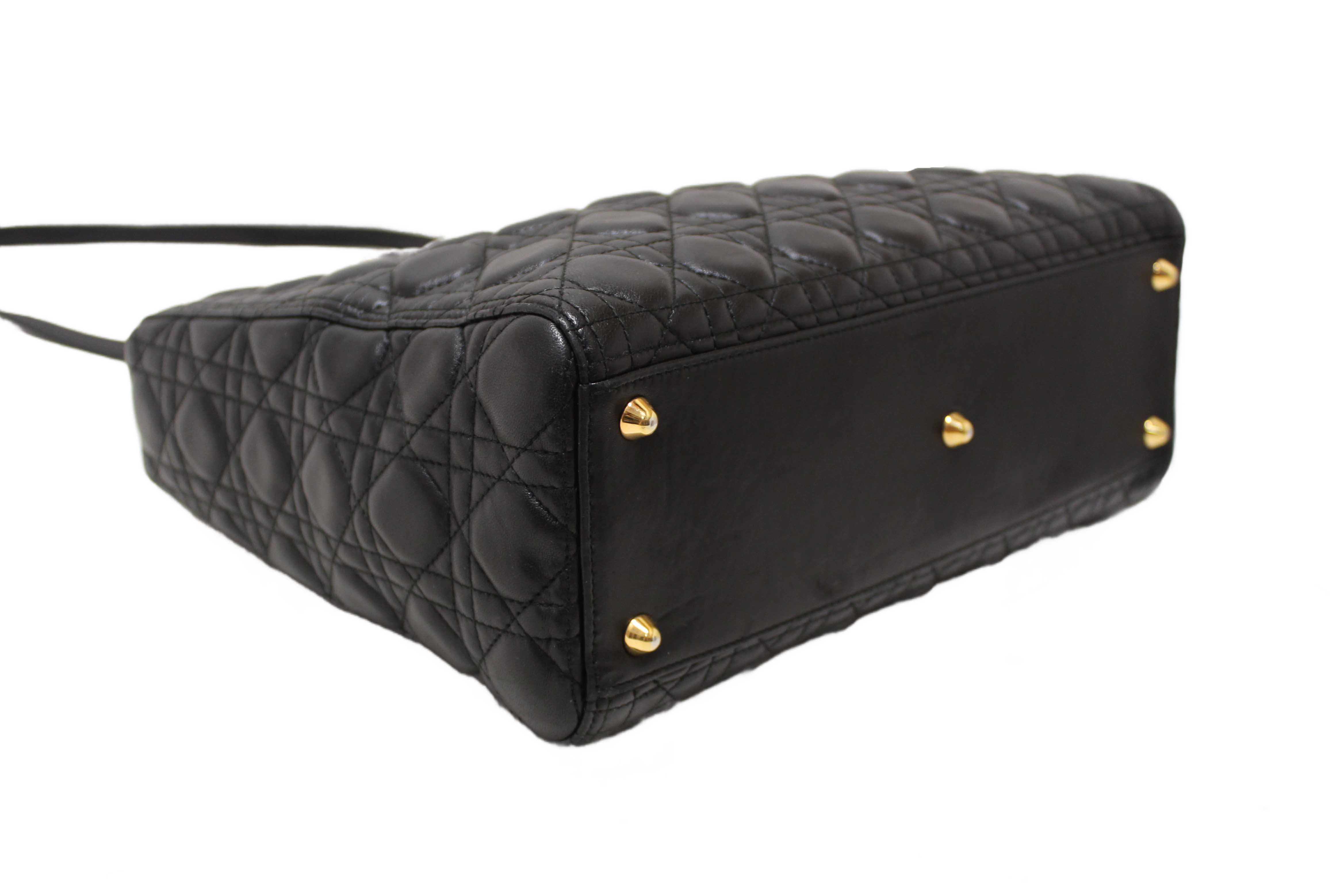 Authentic Christian Dior Black Cannage Lambskin Leather Large Lady Dior Bag