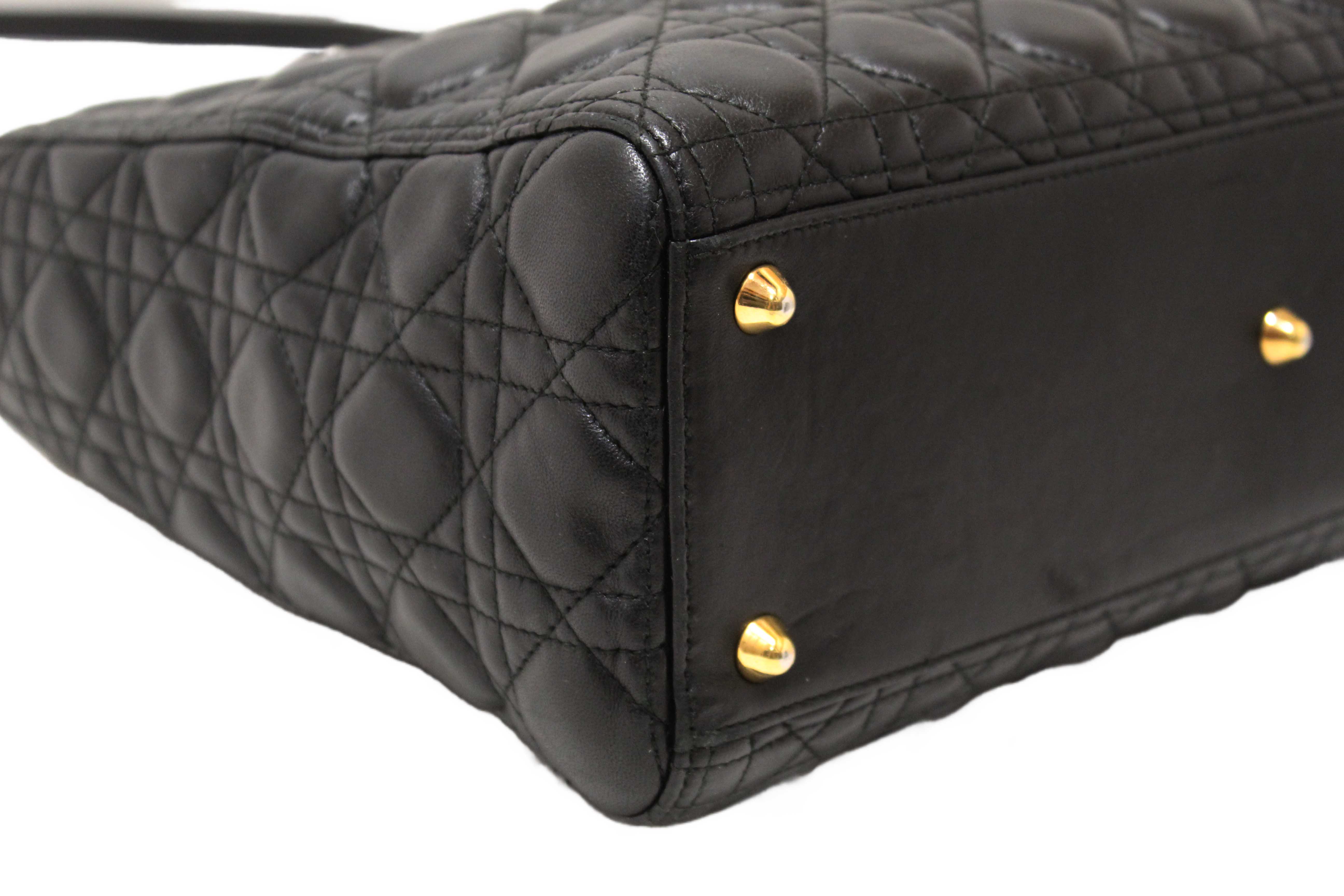 Authentic Christian Dior Black Cannage Lambskin Leather Large Lady Dior Bag